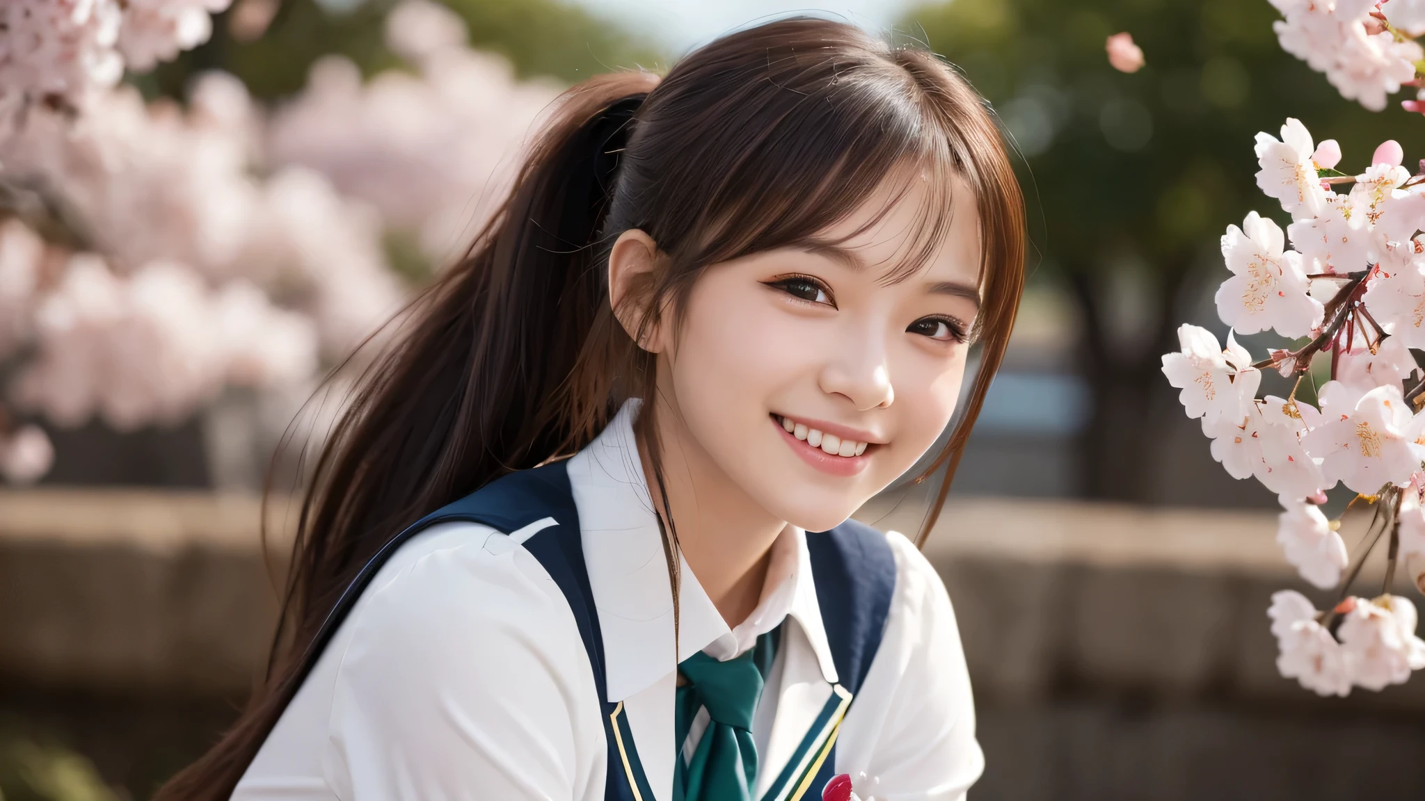 1girl, (The face of a princess, classy and dignified:1.2), (Best Quality:1.4), (Ultra-detailed), (extremely detailed beautiful face), Amazing face and eyes, (ponytail), cute smile, brown eyes, (highly detailed Beautiful face), (high school uniform:1.2), (extremely detailed CG unified 8k wallpaper), Highly detailed, High-definition raw color photos, Professional Photography, Realistic portrait, evening, Extremely high resolution, smiling, cherry blossoms,