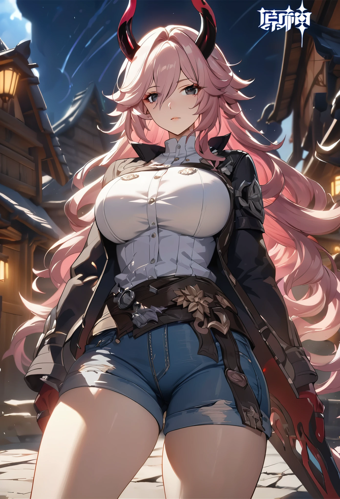 ((solo)), (woman), black eyes, cherry pink hair, very long hair, wavy hair, messy hair, black colored inner hair, (sculpted body), big breasts, thick, mature body, red and black horns, demon horns, a close up of a person with a great sword in a village, detailed key anime art, honkai star trail character, casimir art, masamune shiro, masamune, beautiful woman in demon slayer art, genshin, heise jinyao, shadowverse style, (no logos), white shirt, jacket, jeans shorts, eye reflection, depth of field, cinematic lighting, ray tracing, depth of field, cinematic lighting, ray tracing, UHD, high details, best quality, highres, high quality, award winning, super detail, masterpiece, 8k, UHD, high details, best quality, highres, high quality, award winning, super detail, masterpiece, 8k