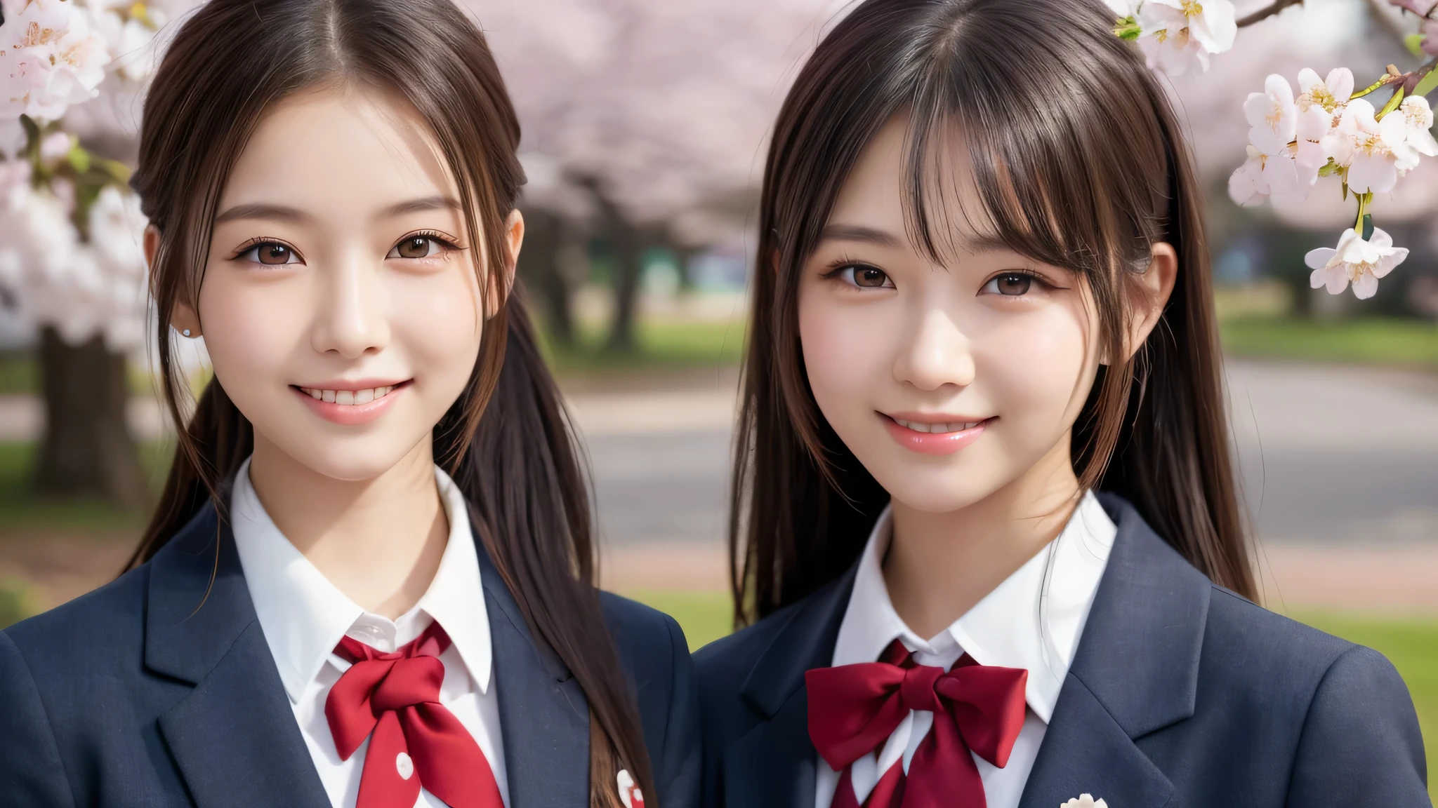 1girl, (The face of a princess, classy and dignified:1.2), (Best Quality:1.4), (Ultra-detailed), (extremely detailed beautiful face), Amazing face and eyes, (ponytail), cute smile, brown eyes, (highly detailed Beautiful face), (high school uniform:1.2), (extremely detailed CG unified 8k wallpaper), Highly detailed, High-definition raw color photos, Professional Photography, Realistic portrait, evening, Extremely high resolution, smiling, cherry blossoms,