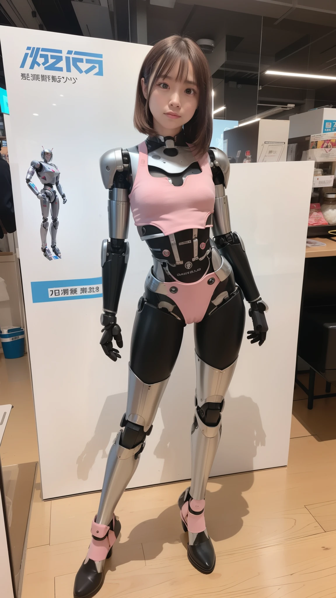 cyborg, pink there, Silver, Metallic body, Robot Parts, Metal Parts, Super Detailed Face, Super well-formed face, of the highest quality, a small face, a small head, full body, Brown hair, Slender body, Camera gaze, Internal Mechanical Exposure, Idol, Well-proportioned body, gravure, Photo session, Akihabara, Moe Pose, Standing with legs open, Model body type, sad, Embarrassing,(Perfect Robot Girl),(Perfect machine body)