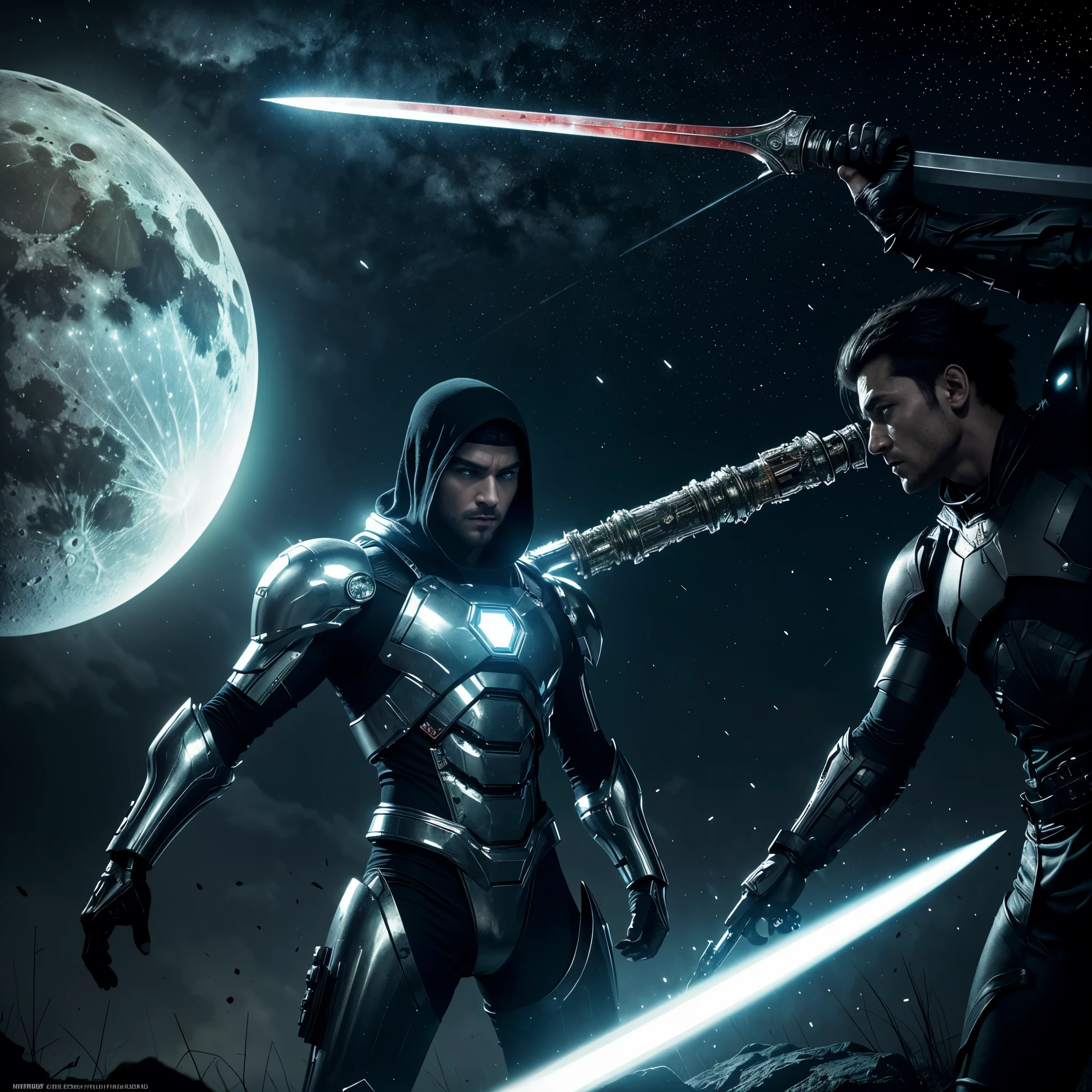 (best quality,4k,8k,highres,masterpiece:1.2),ultra-detailed,(realistic,photorealistic,photo-realistic:1.37),HDR,UHD,studio lighting,ultra-fine painting,sharp focus,physically-based rendering,extreme detail description,professional,vivid colors,bokeh,Star Warriors clash in an epic battle of good vs. evil, the hero in white wields a green energy blade, monstraoso (half cyborg, dressed all in black, wields a red crystal sword), set on a moon,landscape,horror,sci-fi,moonscape,space,colorful lights
