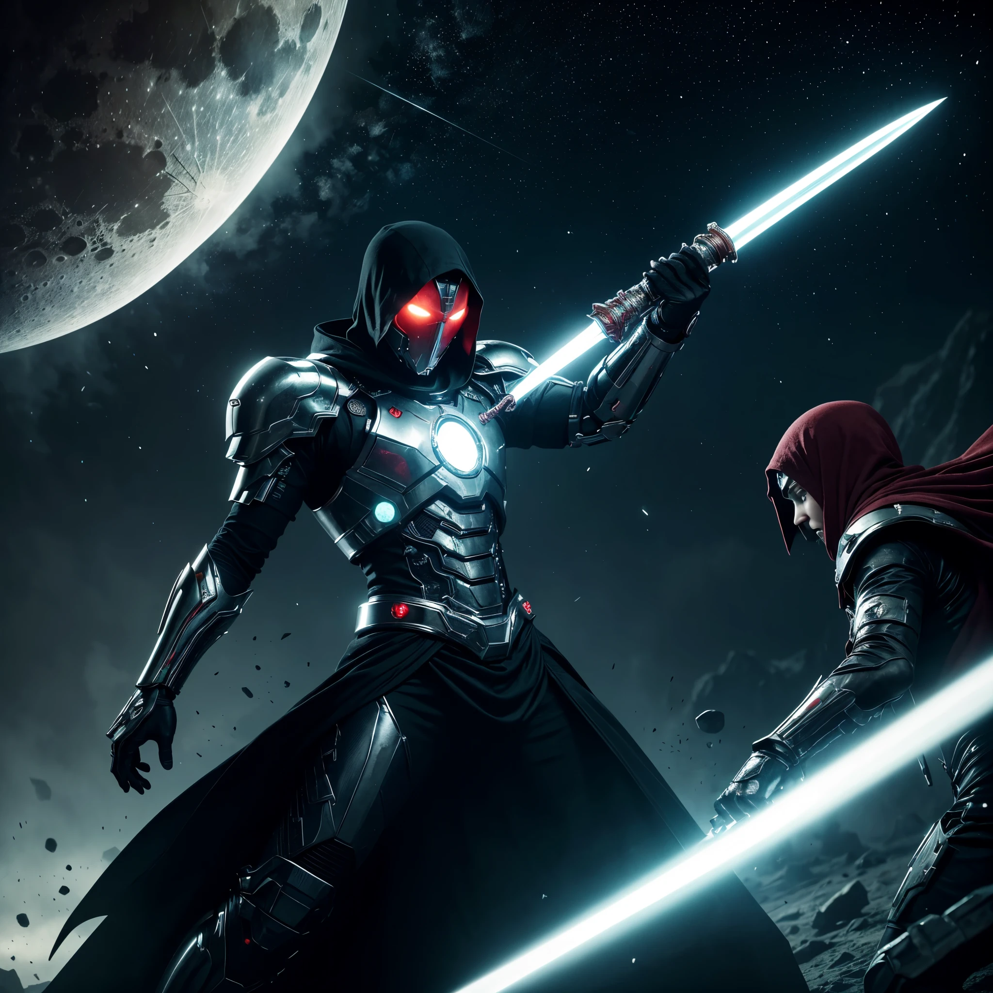 (best quality,4k,8k,highres,masterpiece:1.2),ultra-detailed,(realistic,photorealistic,photo-realistic:1.37),HDR,UHD,studio lighting,ultra-fine painting,sharp focus,physically-based rendering,extreme detail description,professional,vivid colors,bokeh,Star Warriors clash in an epic battle of good vs. evil, the hero in white wields a green energy blade, monstraoso (half cyborg, dressed all in black, wields a red crystal sword), set on a moon,landscape,horror,sci-fi,moonscape,space,colorful lights