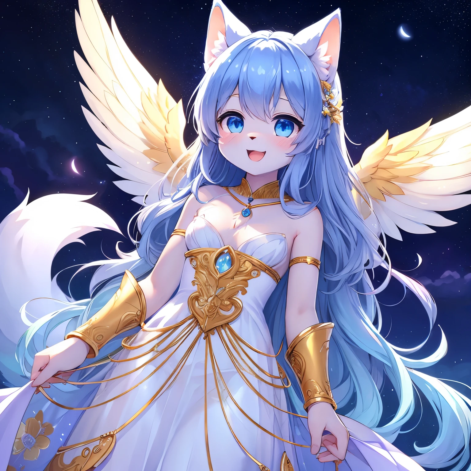 best quality,best resolution,(fluffy anthro furry :1.3),cat girl,small breasts,blue long hair,wavy hair,sparkle eyes,white fur,light blue dress,transparent dress,see through,gold bracelets,gold body accessories ornaments,floral hair ornaments,gold body ornaments,floating in the air,shiny white angle wings on girl back,panoramic view,purple sky,night sky,blue clouds background,sparkle huge blue fullmoon on back,moonlight,light and shadow,looking at viewer,full face blush,happy face,smile,open mouth