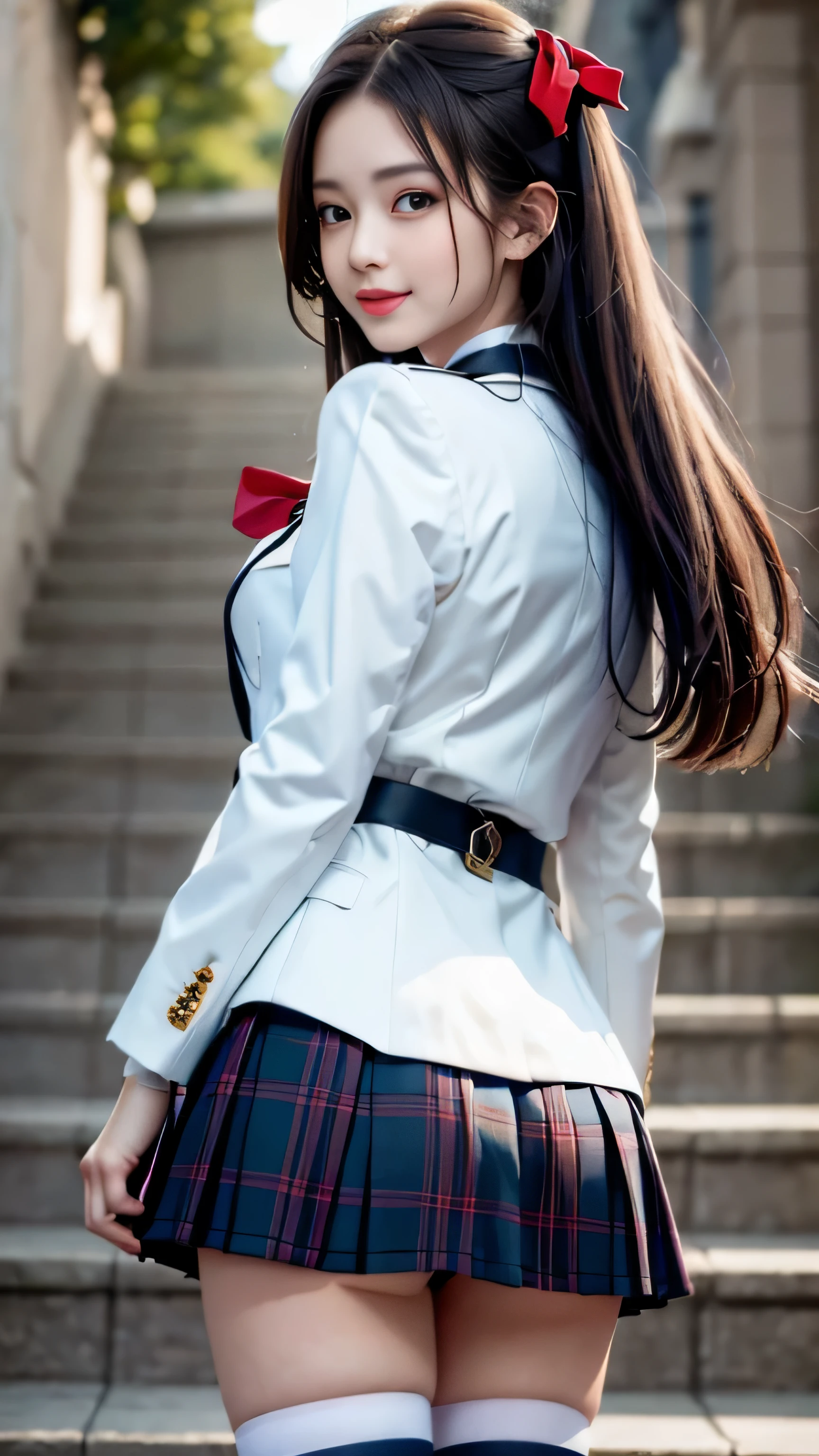 (Girl Standing On School Steps)，charming eyes，heartwarming action，turn away from the camera，(Rear view)、(look back)，turn back，look up your head，thick long black hair，highly detailed body，highly detailed face，best quality、(P私NK Underwear),(high school girl),((white blazer、chest emblem))、(white blouse),((red bow tie)),((navy check flared skirt)),(black stockings)、(smile)