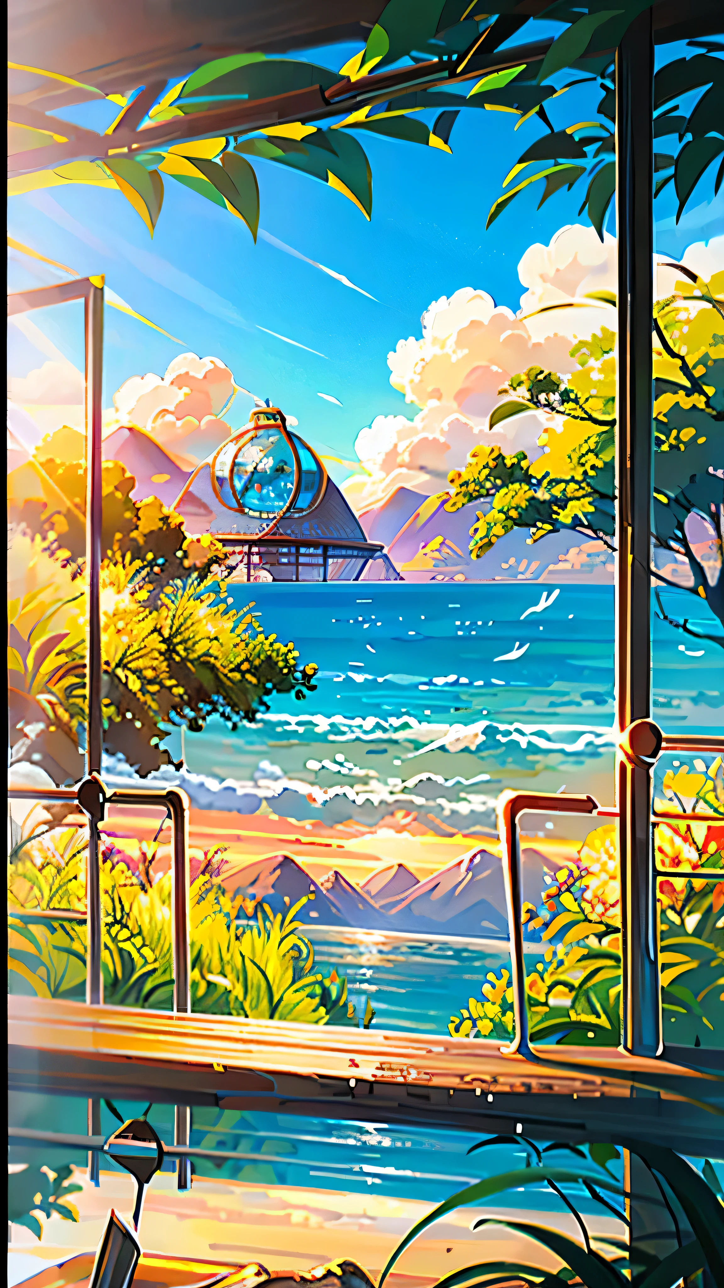 Natural scenery healing cute style, thin metal frame glasses, Background warm bright sunny atmosphere, and beautiful scene of leisure.