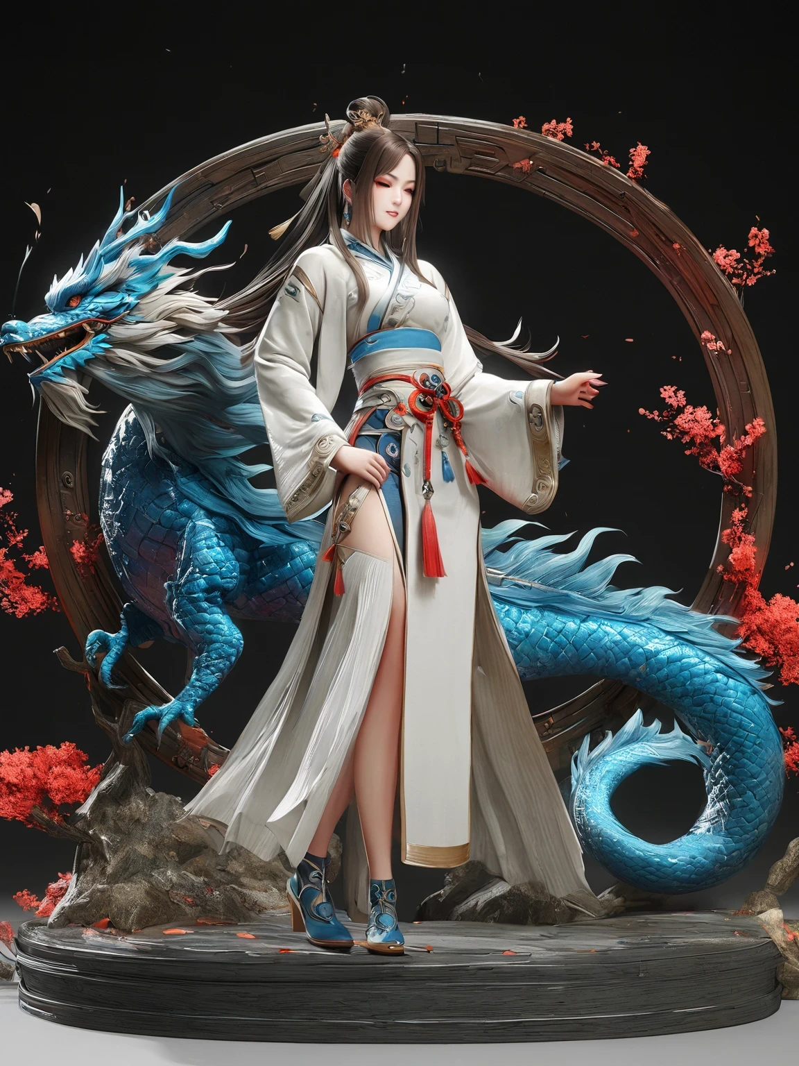 diy14，Highest quality, ultra-high definition, masterpieces, 8k, realistic, anime styled, 3d render，(costume design), dragon elements, Chinese style, full body close-up, flowers, white Hanfu, ink danqing, fantasy style clothing, Chinese clothing, Hanfu, flowing dragon silk, clothing design, smooth cyan tight clothes set, spirit, clothing, game, 8k, fantasy, magical, amazing