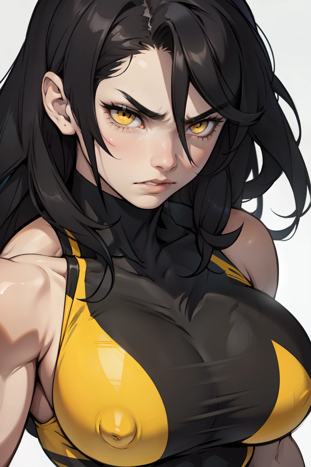 1 girl huge breasts black hair yellow eyes pale skin very long hair angry (((muscular))) close up