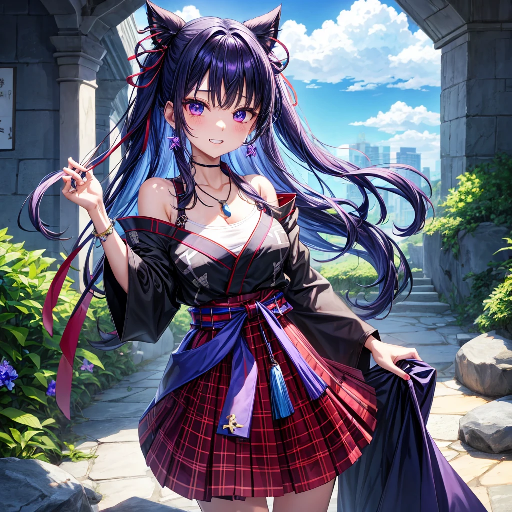 Blue-violet hair、red eyes、one good looking girl、solo、anime、plaid mini skirt、black camisole、black t-shirt、kimono、wearing a ribbon、ribbon at waist、stones are piled up、crystal earrings、jewelry necklace、Light and shadow、tilting one&#39;s face、teeth are visible、、Wearing geta、lots of crystals、Lock、in the clouds、pillar、Angel