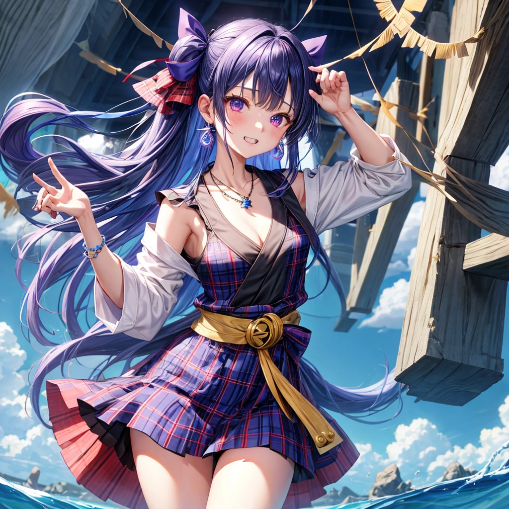 Blue-violet hair、red eyes、one good looking girl、solo、anime、plaid mini skirt、black camisole、black t-shirt、kimono、wearing a ribbon、ribbon at waist、stones are piled up、crystal earrings、jewelry necklace、Light and shadow、tilting one&#39;s face、teeth are visible、、Wearing geta、lots of crystals、Lock、in the clouds、pillar、Angel