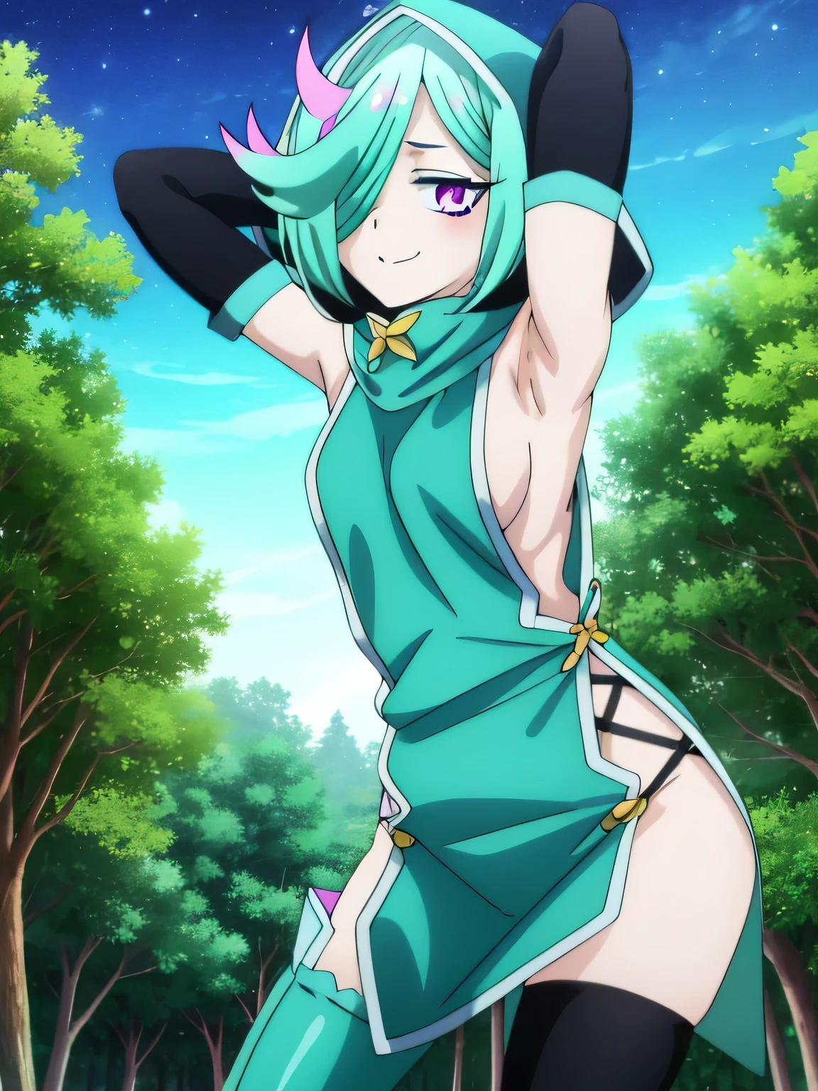 high quality, nemo anemo, short hair, green hair, (pink eyes:1.3), (hair over one eye:1.5), aqua hair, ahoge, thighhighs, detached sleeves, hood, eyes, sideboob, sideless outfit, closed mouth, solo, cowboy shot, night sky, forest, arms behind head, contrapposto, spread armpits, smile