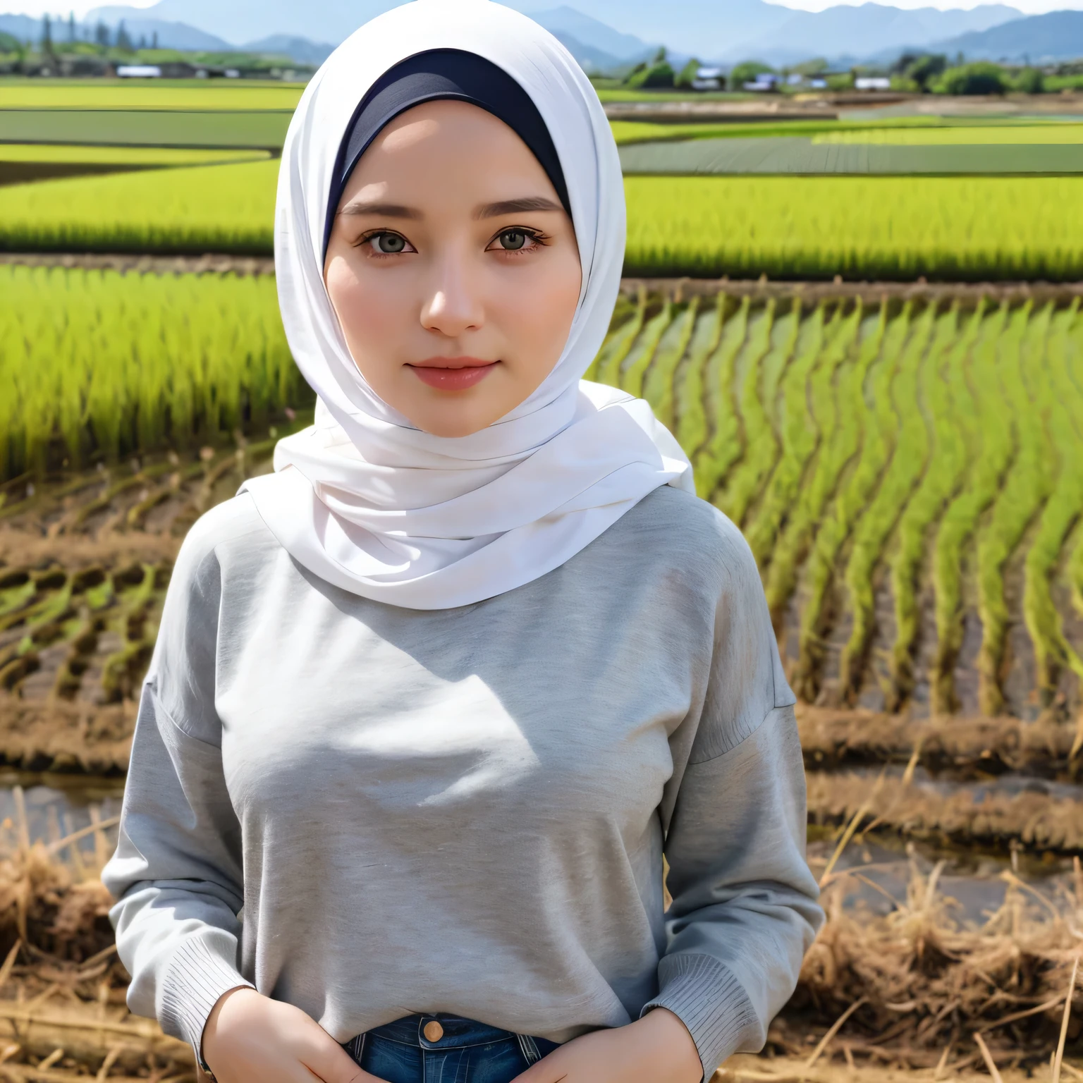 1 Girl, Beautiful, Russian Baby Face, 28 Years Old, White Skin, Hijab, orange sweater, grey long pants, Big Chest, looking directly at the camera, rice fields Background, beautiful pose, full body: 1.3, 8k uhd, dslr, (realistic face), realistic eyes, beautiful detailed eyes, (realistic skin), beautiful skin, ultra high res, ultra realistic, highly detailed, (best quality:1.3), standing,