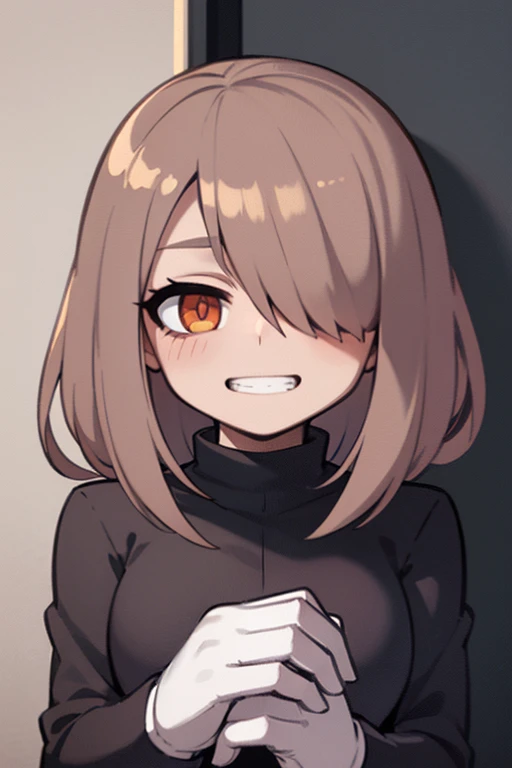 female, 1girl,solo, looking at you, ((smirk:1.0)), evil grin, hearts, blush, pixelated, ((pixel:0.9)), nervous, yandere, front face, (best-quality:0.8), (best-quality:0.8), solo, shaded face, hands together, no makeup, perfect anime illustration, dark brown hair, brown hair, short hair, messy hair, anime girl, tired eyes, white turtleneck, ((bangs over one eye:1.1)), hair covering one eye, long sleeves, brown eyes, (perfect eyes), teenager, (best quality,4k,k,highres,masterpiece:1.2), perfect color tones, dark lighting