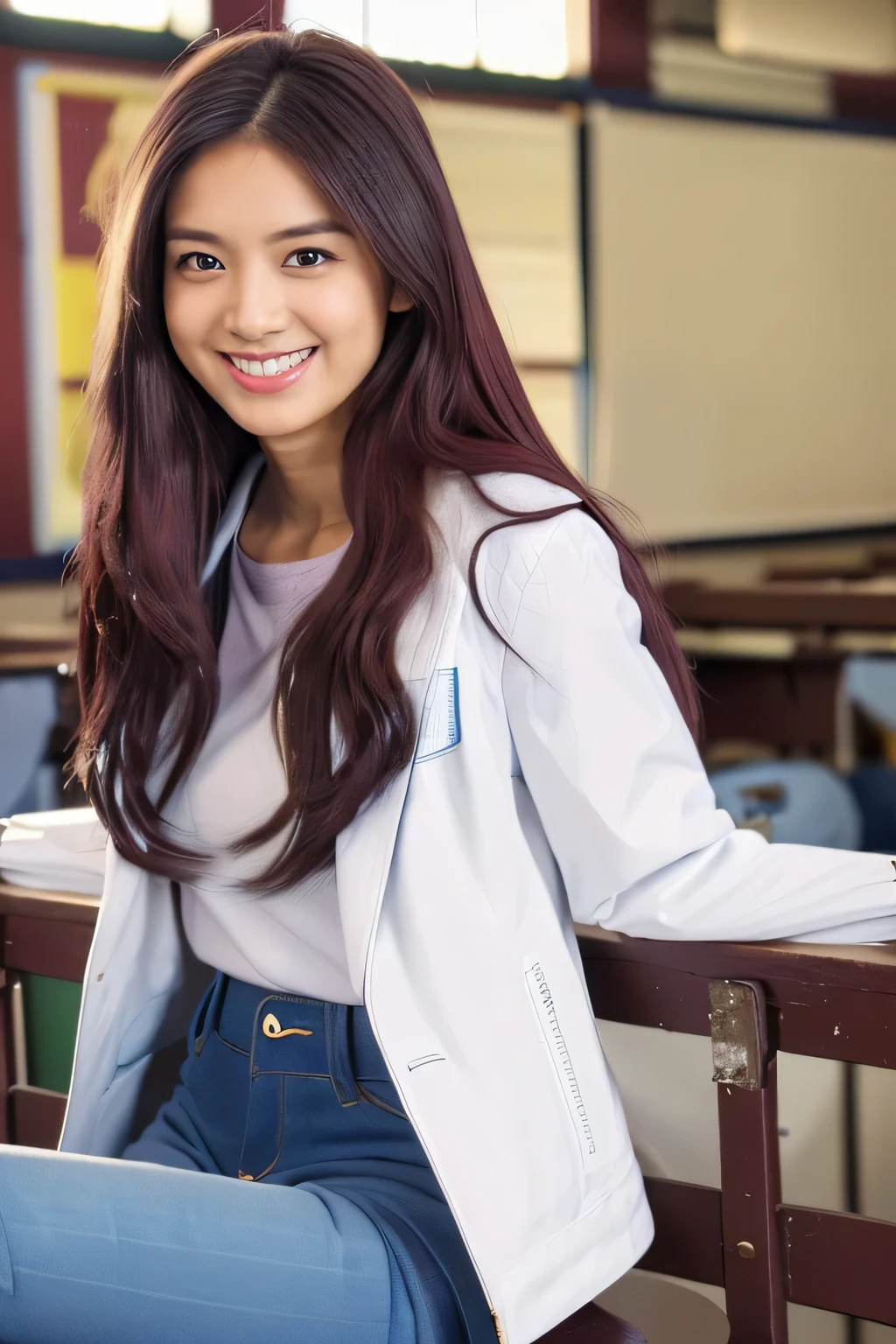 ((elementaryschool teacher))、(White jacket and blue slim jeans:1.5))、(masterpiece、highest quality) 、cute smile、(Medium chest:1.2)、((20 year old female:1.2))、Young adorable Japan face, (Semi-long hair of maroon color:1.5),Frontal portrait shot,In 8K,cute college girl、(classroom:1.5)、