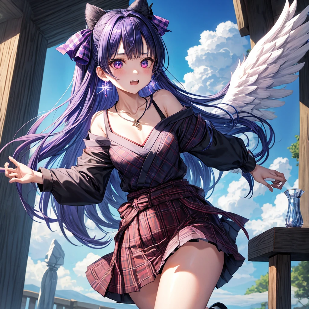 Blue-violet hair、red eyes、one good looking girl、solo、anime、plaid mini skirt、black camisole、black t-shirt、kimono、wearing a ribbon、ribbon at waist、stones are piled up、crystal earrings、jewelry necklace、Light and shadow、tilting one&#39;s face、teeth are visible、、Wearing geta、lots of crystals、Lock、in the clouds、pillar、Angel