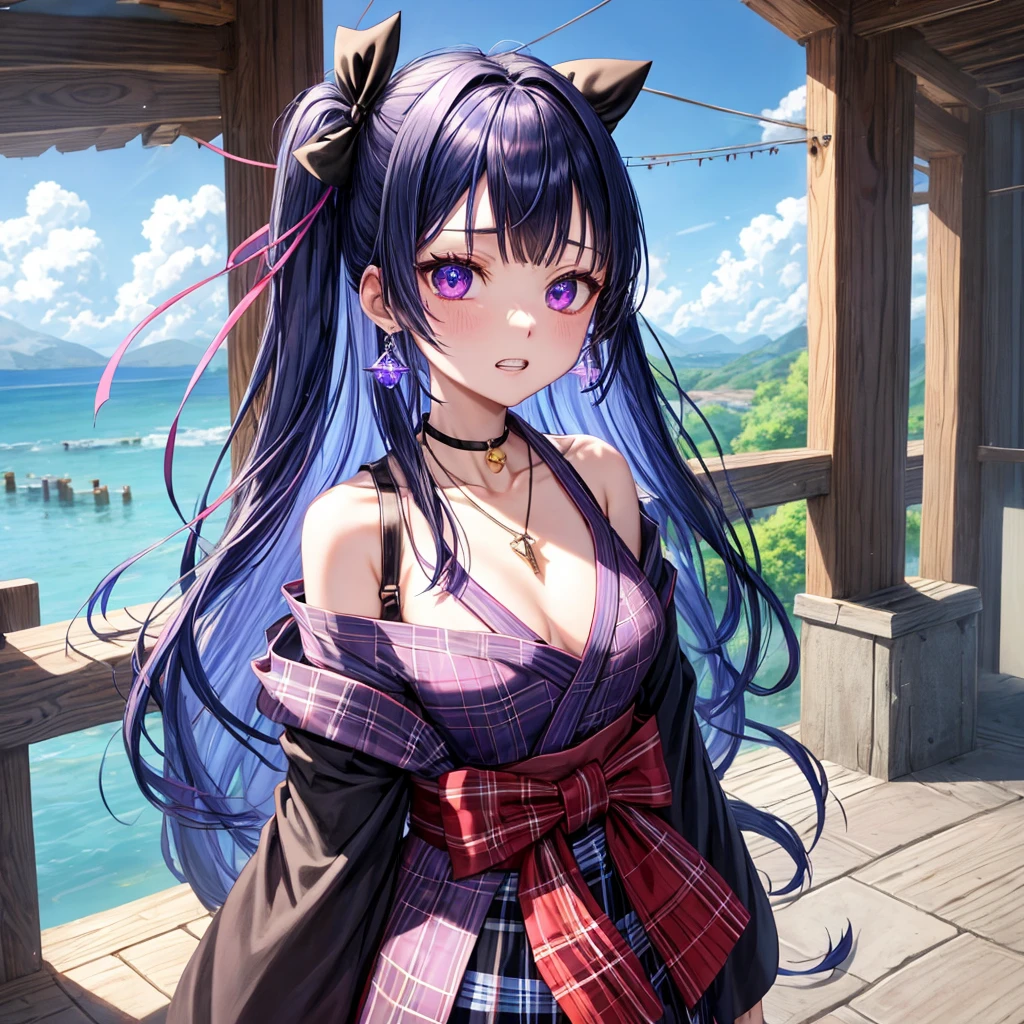 Blue-violet hair、red eyes、one good looking girl、solo、anime、plaid mini skirt、black camisole、black t-shirt、kimono、wearing a ribbon、ribbon at waist、stones are piled up、crystal earrings、jewelry necklace、Light and shadow、tilting one's face、teeth are visible、、Wearing geta、lots of crystals、Lock、in the clouds、pillar、Angel