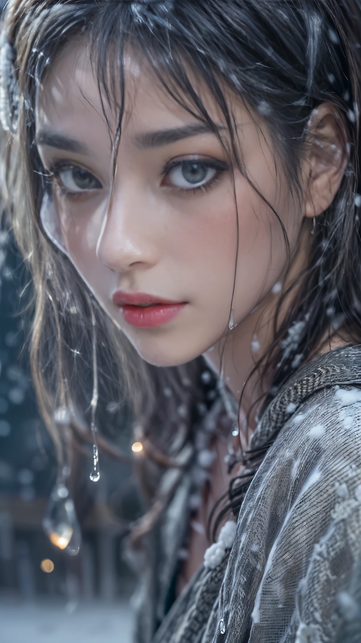 (RAW shooting, Photoreal:1.5, 8K, highest quality, masterpiece, ultra high resolution), ((((heavy snow, Blizzard)))), Highly detailed skin and facial textures:1.3, perfect dynamic composition:1.2, (In front of a shrine at night in a modern city, expression of sadness:1.0, Tears are flowing:1.0, cry with a broken heart:1.0), Slim office lady wet in the rain:1.3, cowboy shot, Fair skin:1.2, sexy beauty:1.1, perfect style:1.2, beautiful and aesthetic:1.1, very beautiful face:1.2, water droplets on the skin, (rain drips all over my body:1.2, wet body:1.2, wet hair:1.3), (Professional kimono dressing:1.1, Holding a bouquet of wet lilies:1.2, Wearing a wet silver kimono correctly:1.3), (Medium chest, Bra see-through, Chest gap),  (Eyes that feel beautiful eros:0.9, Too erotic:0.9, Bewitching:0.9), necklace, earrings, bracelet, wedding ring, Highly detailed hand and finger expressions