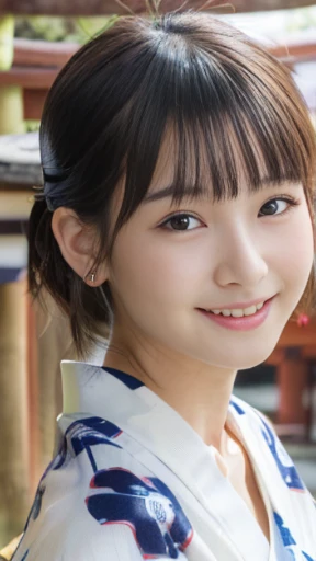 (best quality, masterpiece, ultra-high resolution, photorealistic:1.4), portraits, 1 girl, (famous Japanese idol:1.5), slender,16 years old, detailed face,incredibly cute face, (extraordinarily beautiful large round eyes:1.5), extremely beautiful short hair, extremely beautiful long eyelashes, natural makeup, (yukata,shrine:1.5),(innocent smile:1.5),ecstasy,(Face Shine:1.75)