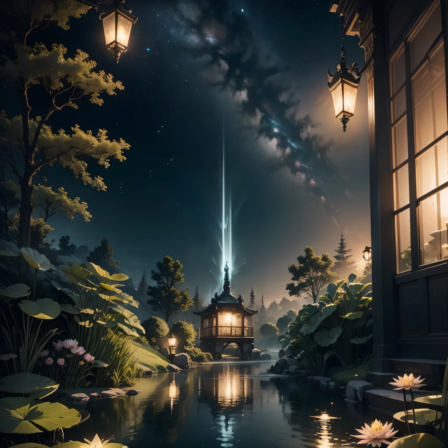 （romantic、Innocent、𝓡𝓸𝓶𝓪𝓷𝓽𝓲𝓬、landscape、Tyndall effect）,night，meteor shower，Many water lilies floating in the pond，hanging lanterns, Lotus Pond, Unreal Engine ; romantic主题, Quiet and peaceful atmosphere, water lily pond, realistic garden, Photorealistic lighting, Surreal lighting, Unreal Engine art, Highly detailed scenes, rendered in Unreal Engine 4 k hq, rendered in Unreal Engine 4k hq, surreal lighting, relaxing environment, There are fish in the water，Frog on lily pod