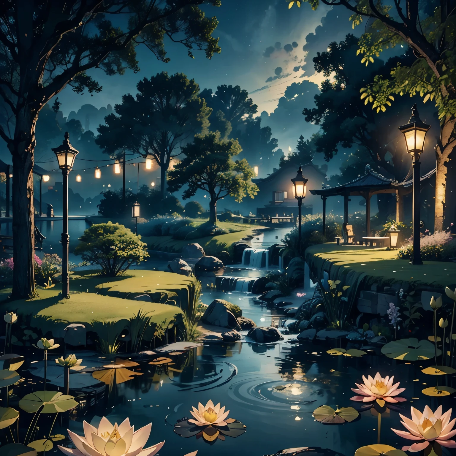 （romantic、Innocent、𝓡𝓸𝓶𝓪𝓷𝓽𝓲𝓬、landscape、Tyndall effect）,night，meteor shower，Many water lilies floating in the pond，hanging lanterns, Lotus Pond, Unreal Engine ; romantic主题, Quiet and peaceful atmosphere, water lily pond, realistic garden, Photorealistic lighting, Surreal lighting, Unreal Engine art, Highly detailed scenes, rendered in Unreal Engine 4 k hq, rendered in Unreal Engine 4k hq, surreal lighting, relaxing environment, There are fish in the water，Frog on lily pod