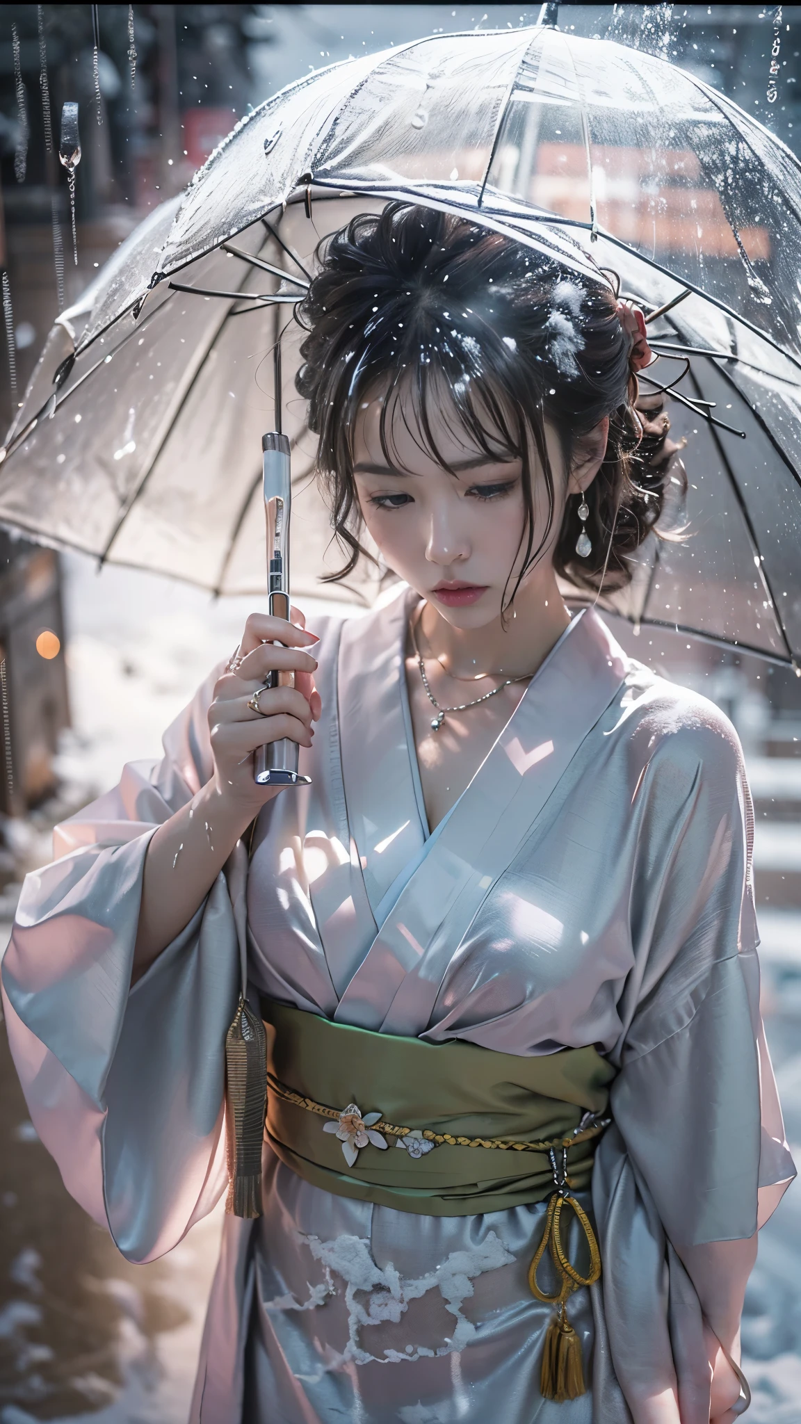 (RAW shooting, Photoreal:1.5, 8K, highest quality, masterpiece, ultra high resolution), ((((heavy snow, Blizzard)))), Highly detailed skin and facial textures:1.3, perfect dynamic composition:1.2, (In front of a shrine at night in a modern city, expression of sadness:1.0, Tears are flowing:1.0, cry with a broken heart:1.0), Slim office lady wet in the rain:1.3, cowboy shot, Fair skin:1.2, sexy beauty:1.1, perfect style:1.2, beautiful and aesthetic:1.1, very beautiful face:1.2, water droplets on the skin, (rain drips all over my body:1.2, wet body:1.2, wet hair:1.3), (Professional kimono dressing:1.1, Holding a bouquet of wet lilies:1.2, Wearing a wet silver kimono correctly:1.3), (Medium chest, Bra is sheer, Chest gap),  (Eyes that feel beautiful eros:0.9, Too erotic:0.9, Bewitching:0.9), necklace, earrings, bracelet, wedding ring, Highly detailed hand and finger expressions