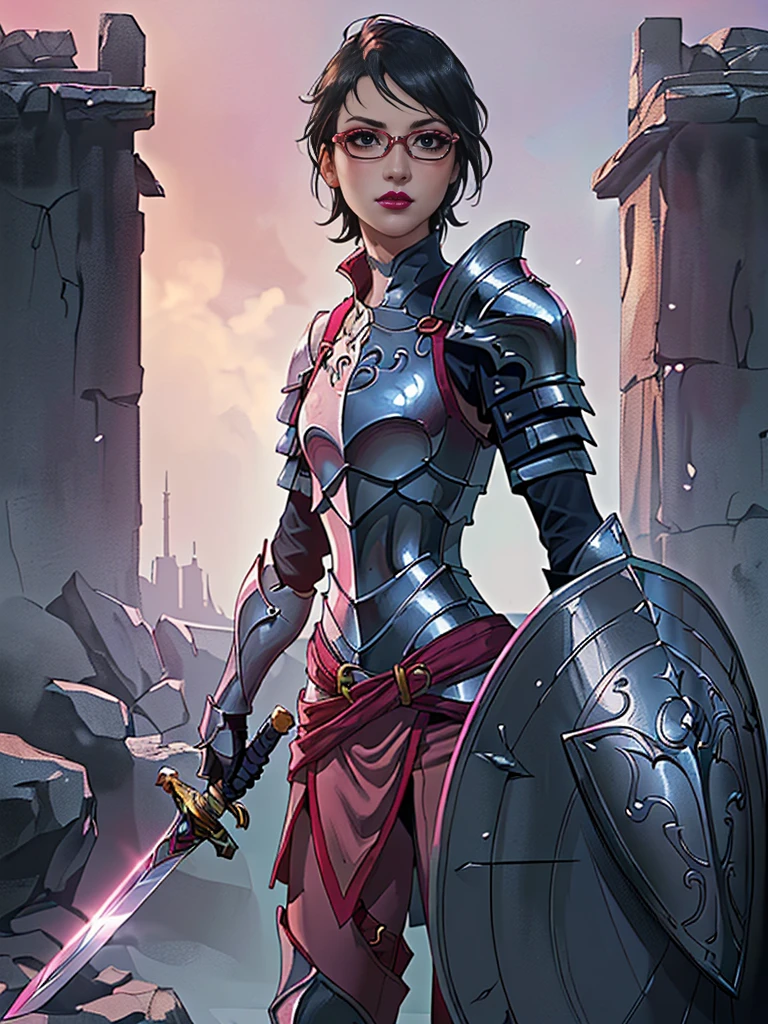 (1girl, solo, alone), (WakatsukiRisa, Sarada Uchiha, black hair, short hair, black eyes, red glasses), ((solo, (1woman, pink lipstick, black eyes), Extremely detailed, ambient soft lighting, 4k, perfect eyes, a perfect face, perfect lighting, a 1girl)), ((fitness,, shapely body, athletic body, toned body)), ((arafed image of a woman in armor holding a sword and shield, portrait of female paladin, picture of female paladin, female paladin, alena aenami and artgerm, fantasy paladin woman, female knight, portrait knight female, gorgeous female paladin, aly fell and artgerm, girl in knight armor))