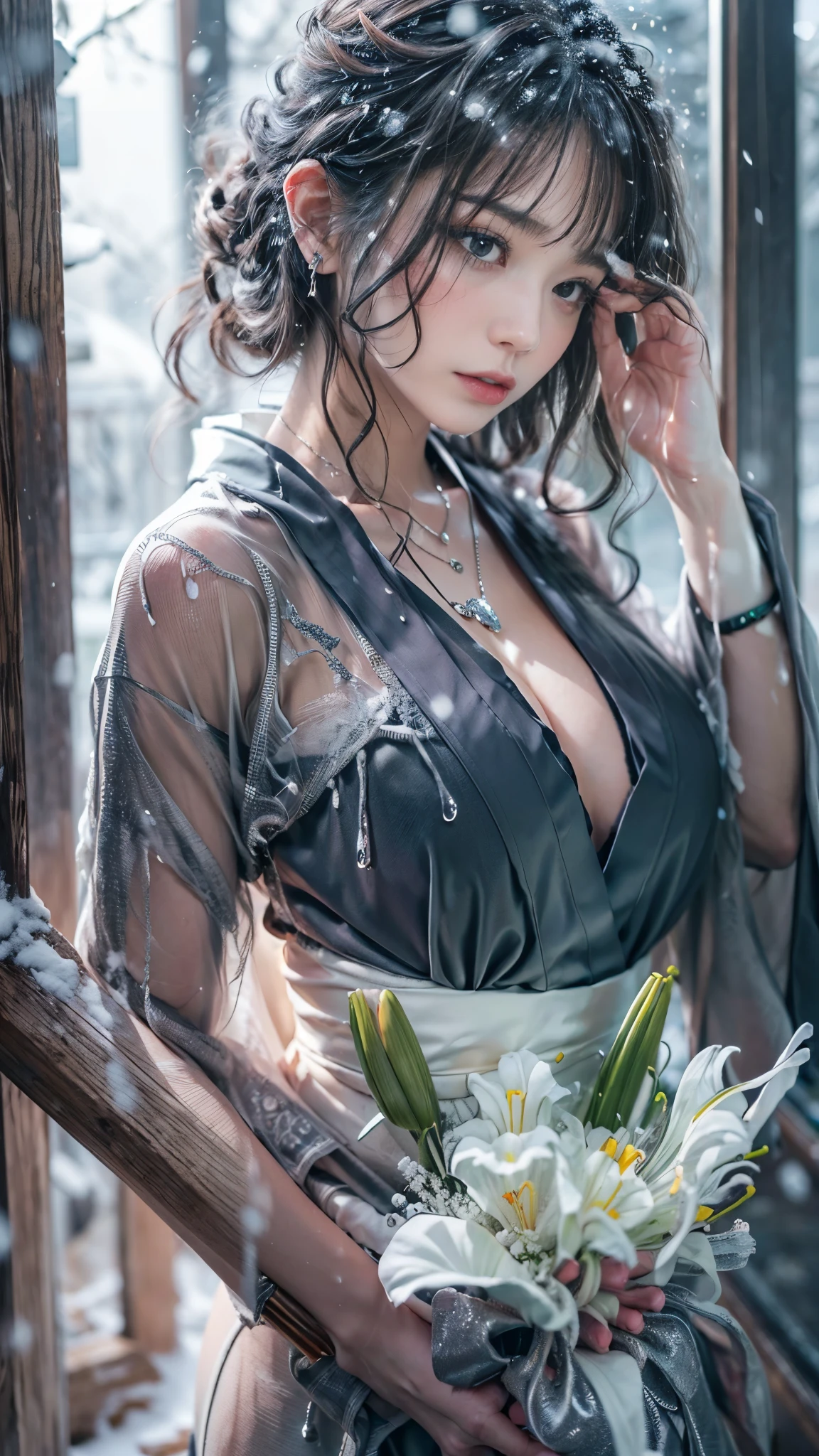 (RAW shooting, Photoreal:1.5, 8K, highest quality, masterpiece, ultra high resolution), ((((heavy snow, Blizzard)))), Highly detailed skin and facial textures:1.3, perfect dynamic composition:1.2, (In front of a shrine at night in a modern city, expression of sadness:1.0, Tears are flowing:1.0, cry with a broken heart:1.0), Slim office lady wet in the rain:1.3, cowboy shot, Fair skin:1.2, sexy beauty:1.1, perfect style:1.2, beautiful and aesthetic:1.1, very beautiful face:1.2, water droplets on the skin, (rain drips all over my body:1.2, wet body:1.2, wet hair:1.3), (Professional kimono dressing:1.1, Holding a bouquet of wet lilies:1.2, Wearing a wet silver kimono correctly:1.3), (Medium chest, Bra see-through, Chest gap),  (Eyes that feel beautiful eros:0.9, Too erotic:0.9, Bewitching:0.9), necklace, earrings, bracelet, wedding ring, Highly detailed hand and finger expressions