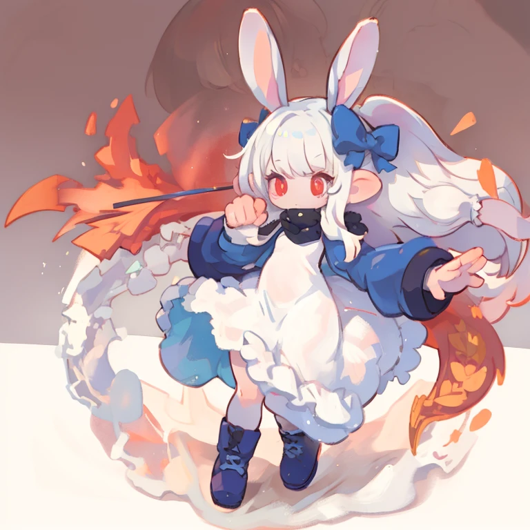 8k,best quality, masterpiece, simple background, solo, 1girl,full body, holding carrot,white dress, big hairbow, white background, white hair, long hair, red eyes,rabbit ear,dinamic pose,