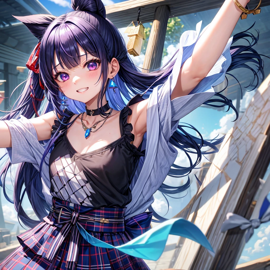 Blue-violet hair、red eyes、one good looking girl、solo、anime、plaid mini skirt、black camisole、black t-shirt、kimono、wearing a ribbon、ribbon at waist、stones are piled up、crystal earrings、jewelry necklace、Light and shadow、tilting one&#39;s face、teeth are visible、、Wearing geta、lots of crystals、Lock、in the clouds、pillar、Angel