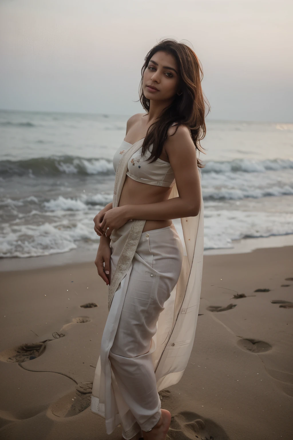 Beautiful indian model wearing a saree on the beach
