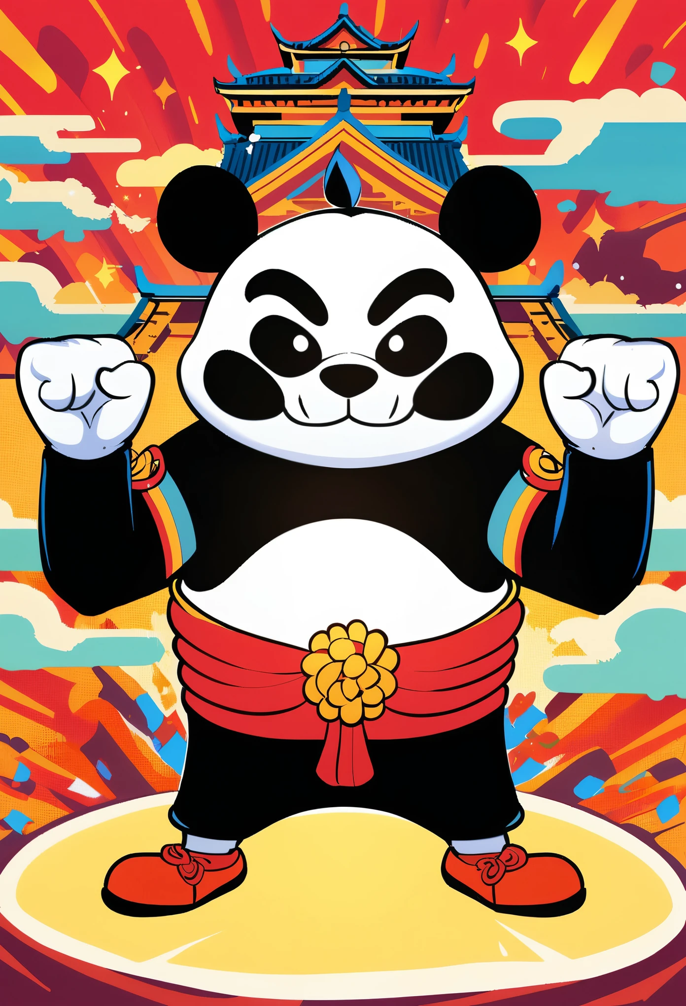 Kung Fu Panda doing kicks, in the background there is an ancient Chinese temple, in a cartoon style, with a red sky and yellow ground, in the style of Disney Pixar, with a cute and funny expression, in a full body shot from the front view, at a high resolution with high detail, and colorful, in the style of KungFu panda movie posters.
