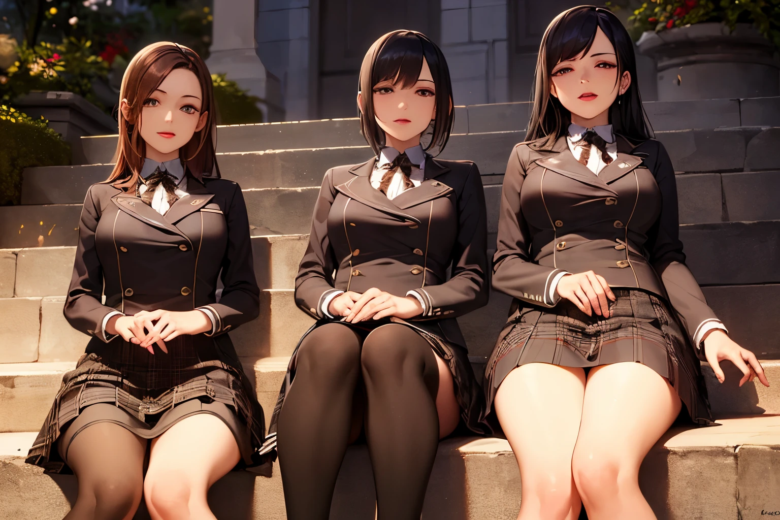 Three girls sitting on stone stairs, detailed faces, skirts, detailed eyes, long eyelashes, lipstick, shy expression, red cheeks, from the front, from below, dusk, masterpiece, super high resolution, hands behind fart