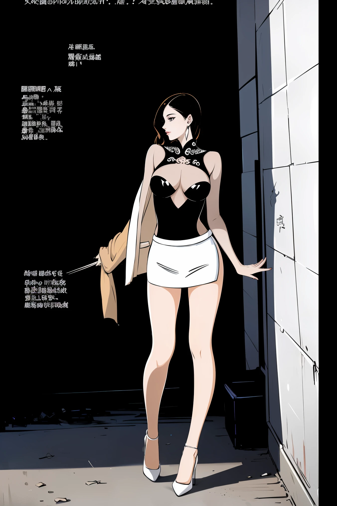 comic storyboard, of a stunning Chinese woman exuding elegance and confidence in a lace bodysuit, a micro mini skirt, and tight leather pants. Her flawless complexion and radiant smile captivate the viewer, embodying grace and style. The photo is set in a chic urban alleyway, with graffiti-adorned walls adding a touch of edginess. The composition is a high angle shot, showcasing the woman's fashionable ensemble and poised demeanor. Soft, natural lighting highlights her features with a subtle glow. This striking image, photographed by Chen Man, epitomizes modern sophistication and allure