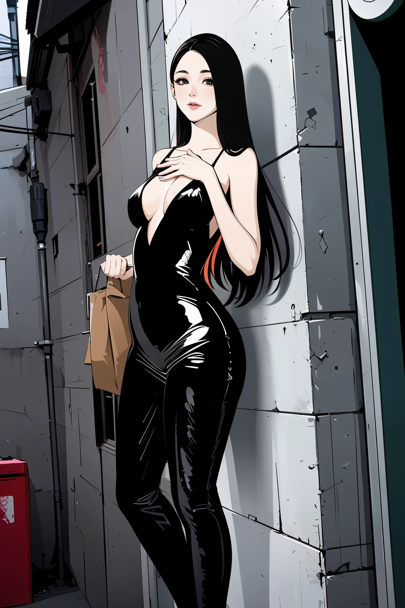 comic storyboard， of a stunning Chinese woman exuding elegance and confidence in a lace bodysuit, a micro mini skirt, and tight leather pants. Her flawless complexion and radiant smile captivate the viewer, embodying grace and style. The photo is set in a chic urban alleyway, with graffiti-adorned walls adding a touch of edginess. The composition is a high angle shot, showcasing the woman's fashionable ensemble and poised demeanor. Soft, natural lighting highlights her features with a subtle glow. This striking image, photographed by Chen Man, epitomizes modern sophistication and allure