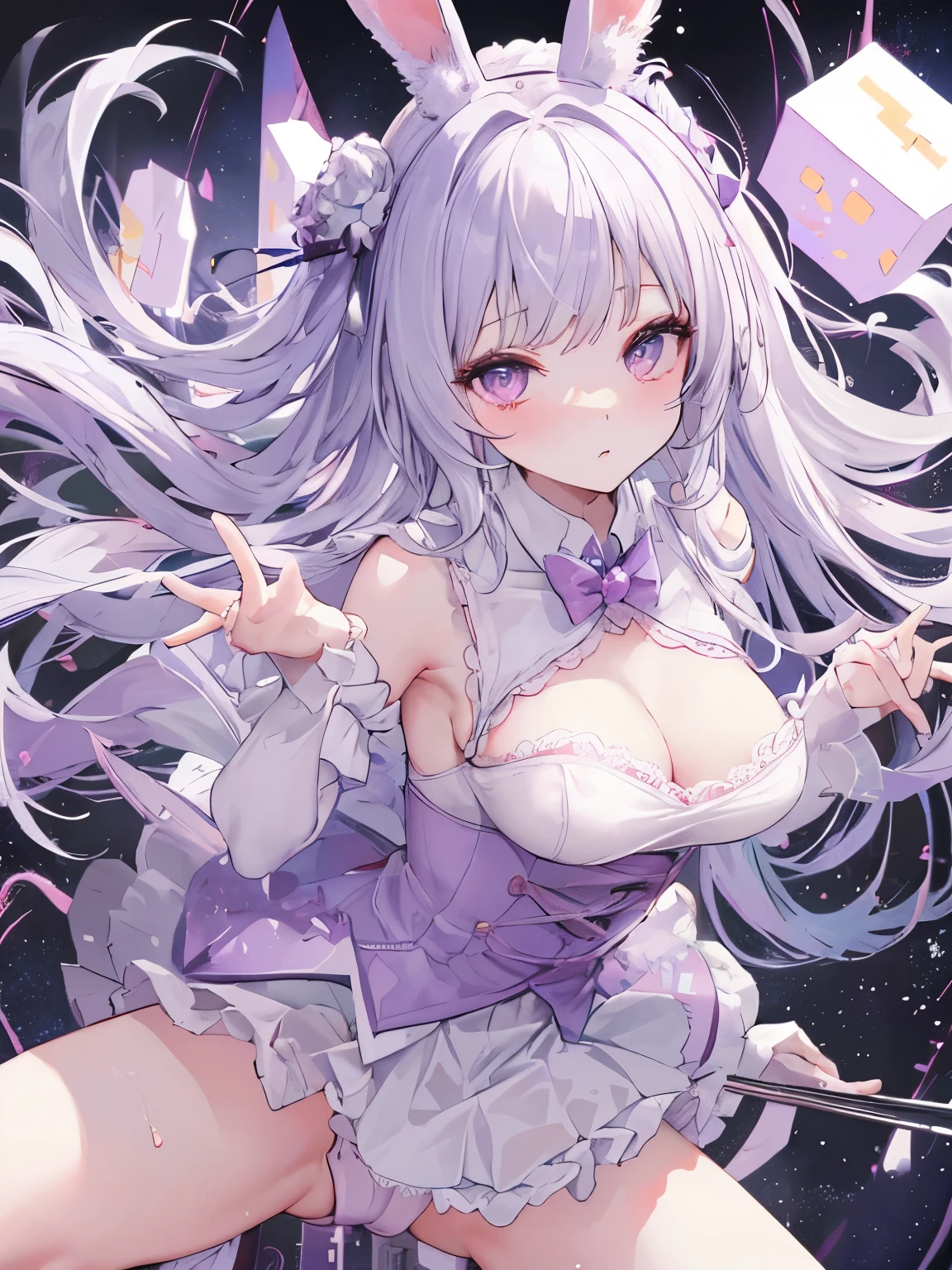 disorganized,Cute Bunny Girl,silvery white eyes,pink purple dress, face,but、make your chest bigger、slim your waist,have a good figure,spread your legs,lift up the skirt,Detailed lace lingerie,dynamic pose,sexy,Uplifting,buckshot,stick out your butt,Butt Zoom