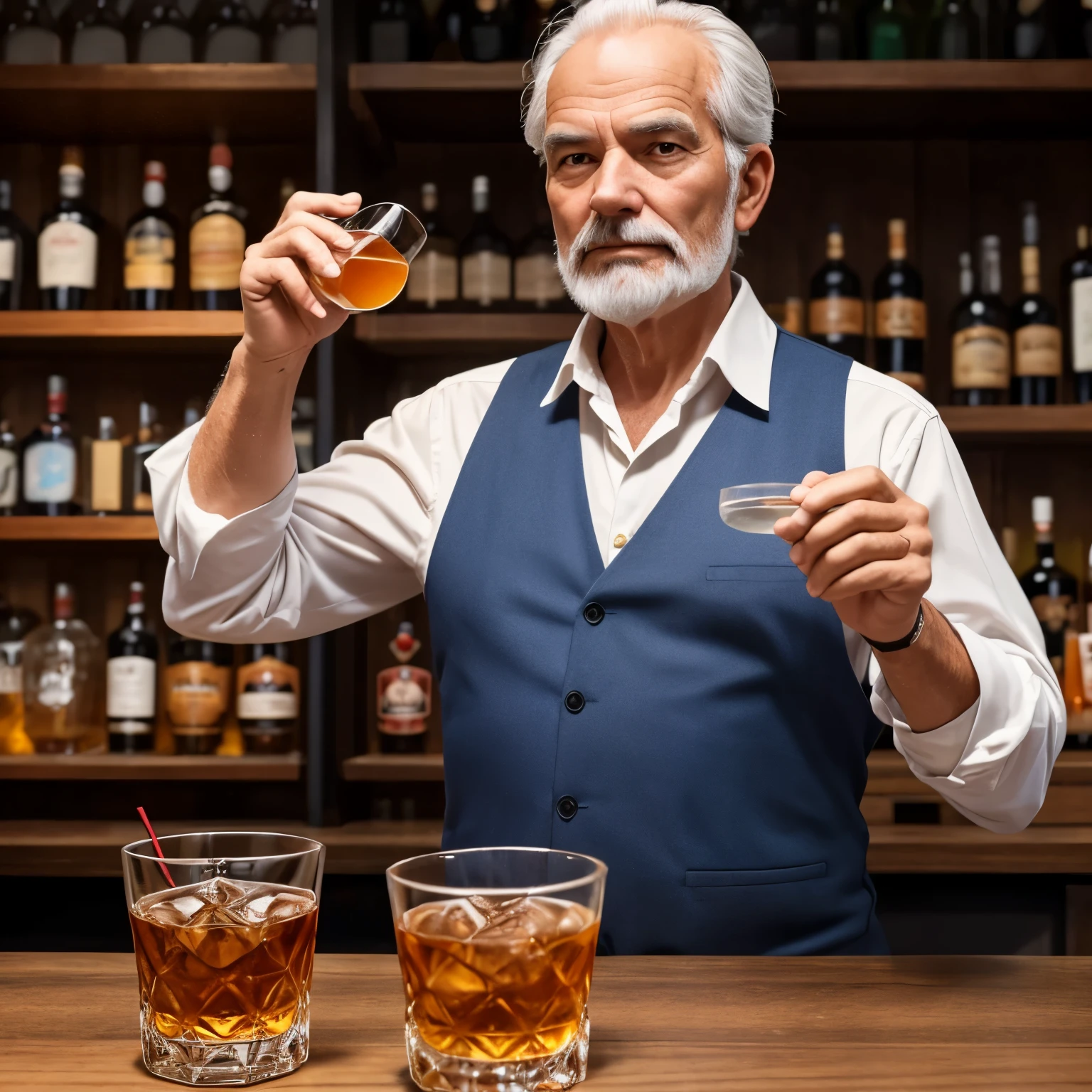 create an old man approximately 45 to 50 years old who is rich and stands with a whiskey drink in his hand and looking straight ahead