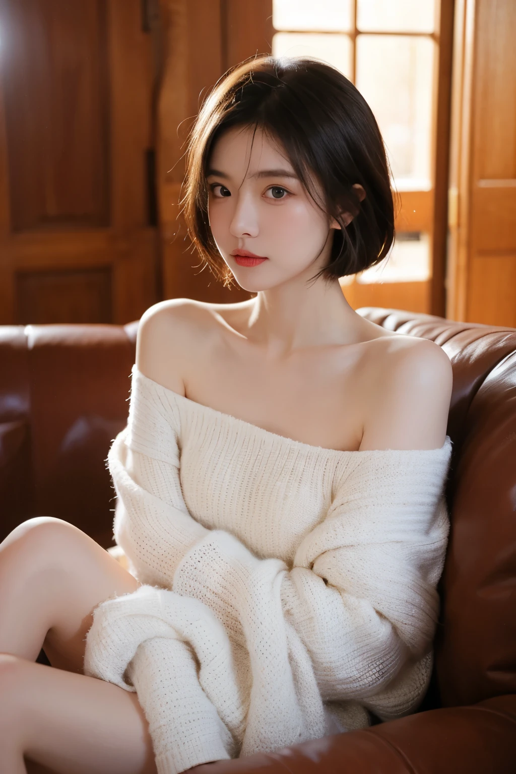 upper body, indoor, in the dark, deep shadow, low key, cold light, sidelighting, A short-haired girl, diffused natural skin glow, relaxed look, no makeup, sitting on sofa, off shoulder, masterpiece, best quality, realistic, raw photo, detailed face