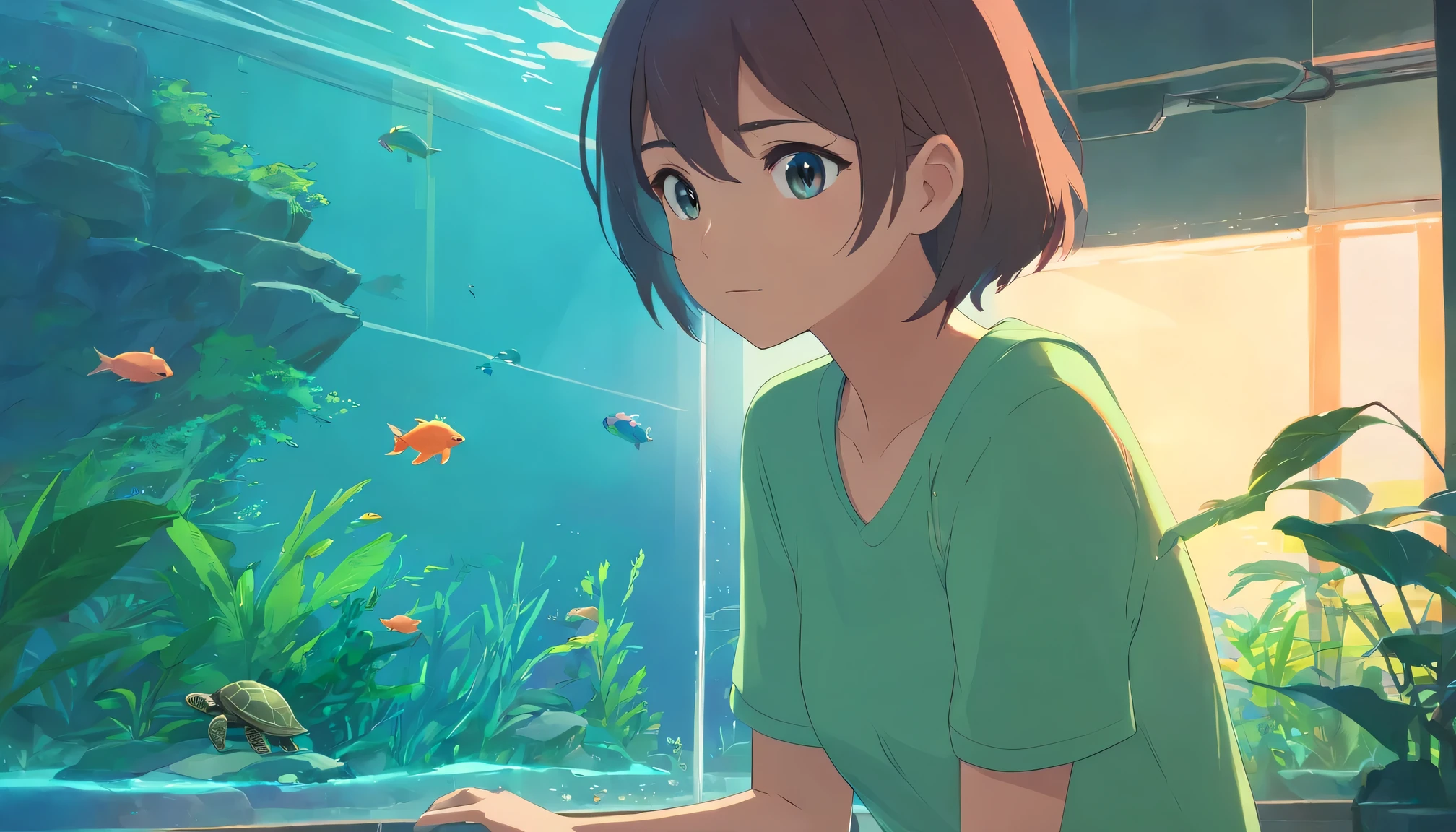 1 girl looking at 1 little turtle in the fish tank, cute illustration, Lovely art style, Artie Guérin 8 K, anime art wallpaper 8k, wallpaper anime blue water, Makoto Shinkai Cyril Rolando, Anime Art Wallpaper 4k, anime art wallpaper 4k, Xin Haicheng style, lofi girl, Artgerm and Atey Ghailan