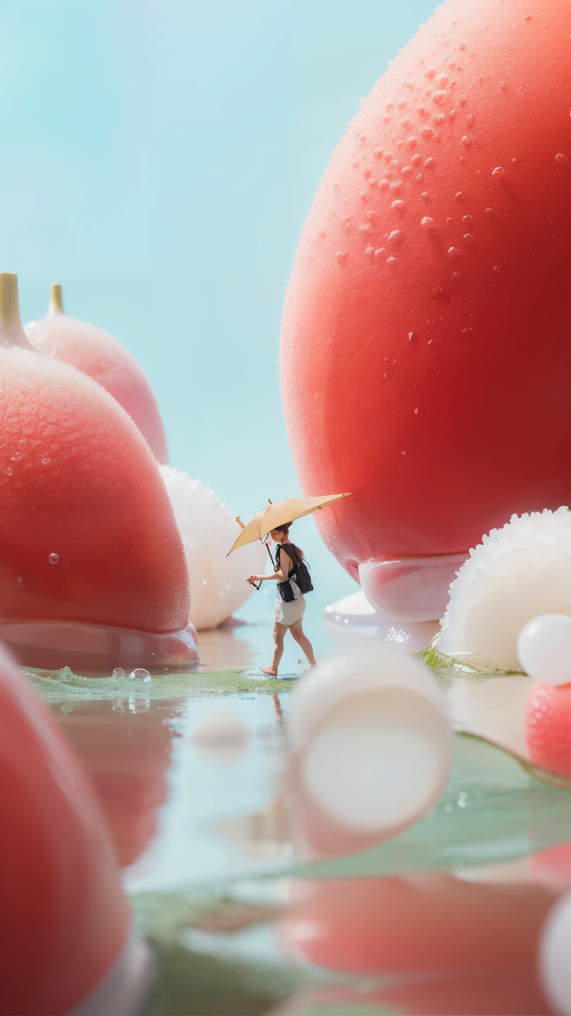 peach,peach上的水珠,There is a person holding an umbrella,waters, ,bipur!!, 3d render bipur, bipur. hyperrealism, realism | bipur, author:Mike Winkelman, author:Russell Dongjun Lu, bipur |, bipur art, bipur daily art, Behance 3D Art Trends