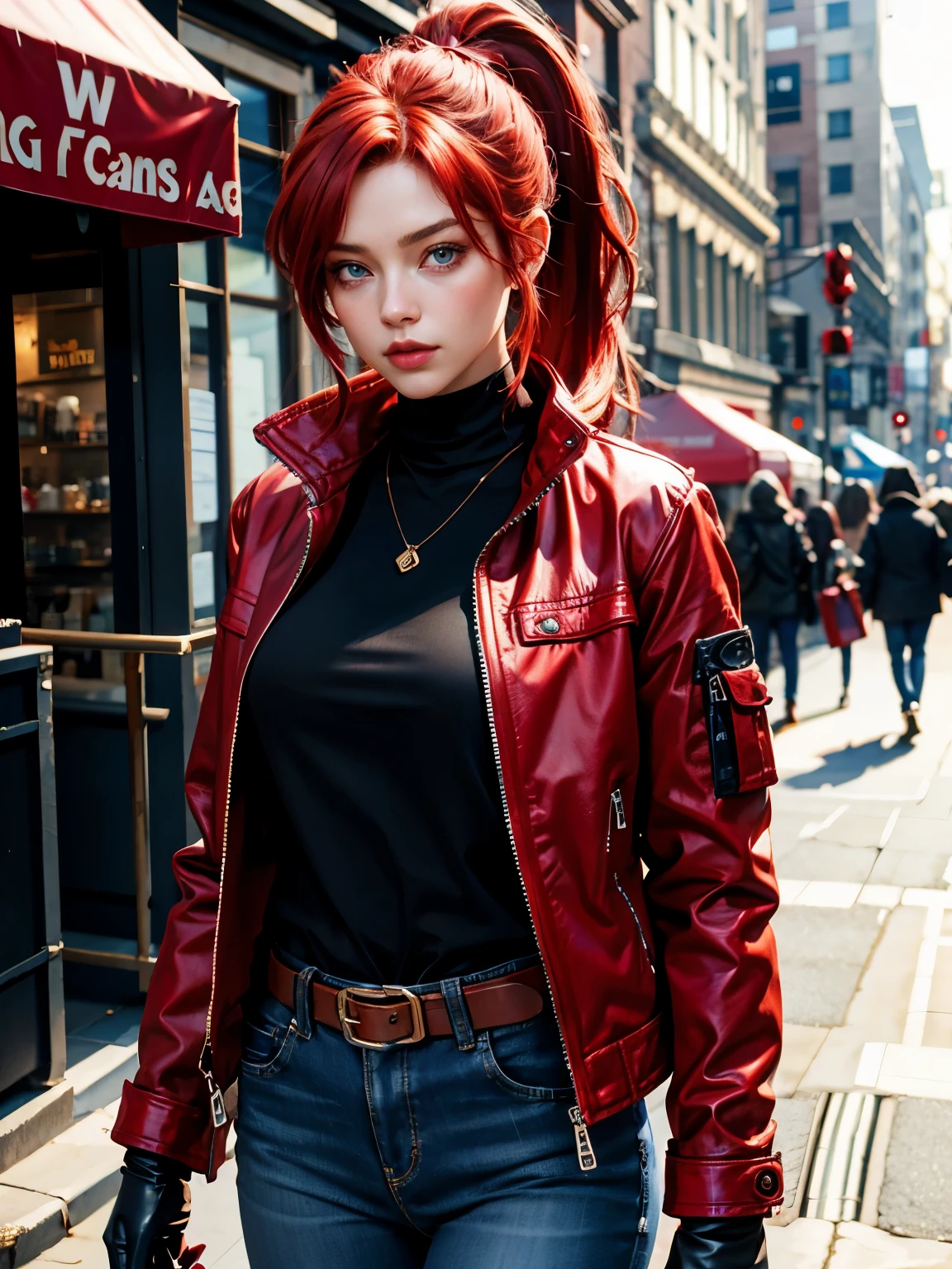 Girl, red hair, blue eyes, red jacket, jeans, ponytail, pretty, 8k, black blouse, face, cute, black gloves, short jacket