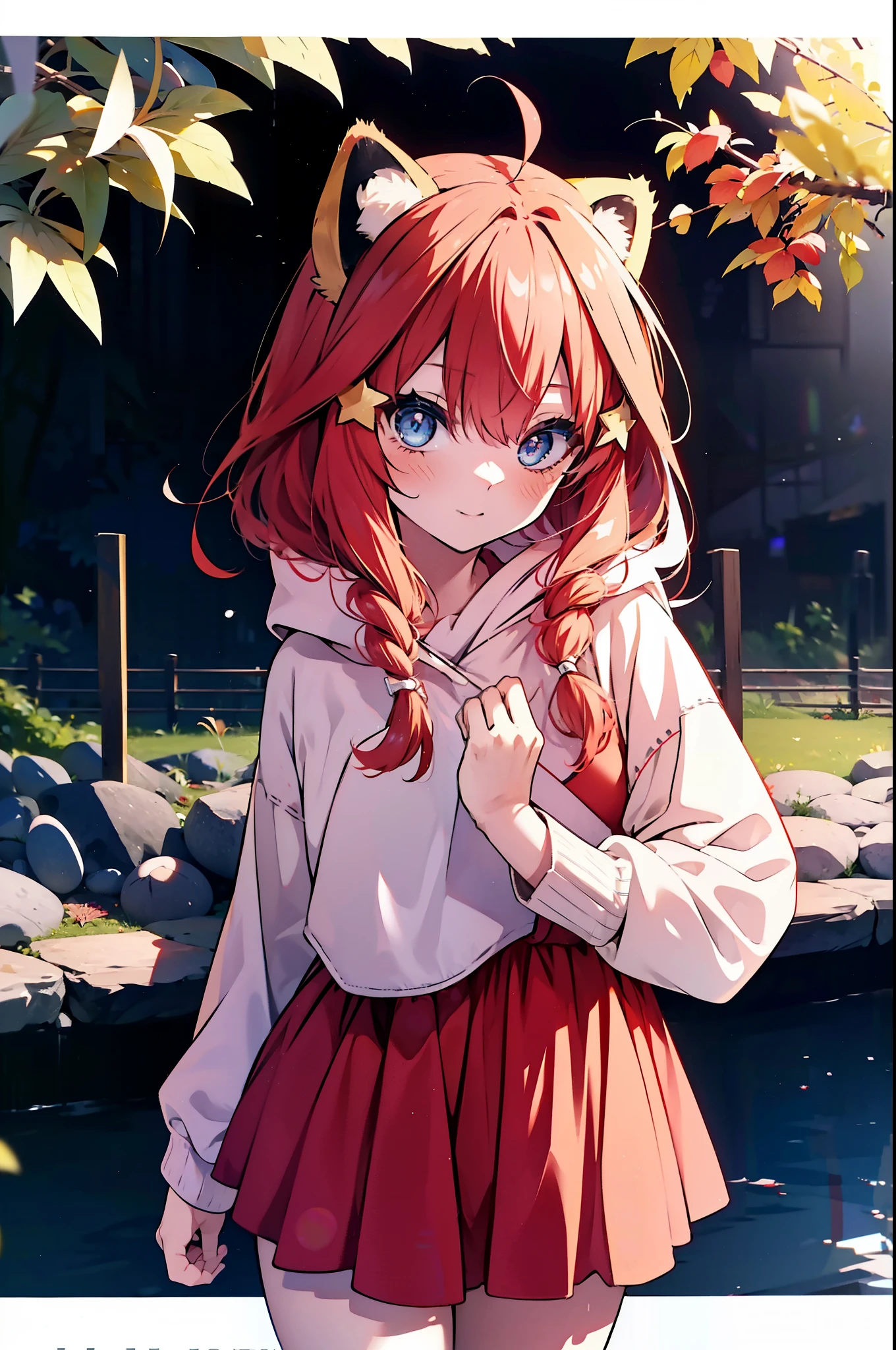 itsukinakano, itsuki nakano, bangs, blue eyes, hair between eyes, Ahoge, redhead, star \(symbol\), short braided hair,hair ornaments, star hair ornaments,smile,blush,animal ears　raccoon ears,animal tail　raccoon tail,Akabuchi Glasses,red hoodie,white long skirt,Cute Sandals,autumn leaves,autumn leavesが散っている,autumn leaves道,whole bodyがイラストに入るように,night,moonlight,moonlight,
break outdoors,garden,
break looking at viewer,whole body,(cowboy shot:1.5),
break (masterpiece:1.2), highest quality, High resolution, unity 8k wallpaper, (shape:0.8), (beautiful deしっぽed eyes:1.6), extremely deしっぽed face, perfect lighting, extremely deしっぽed CG, (perfect hands, perfect anatomy),