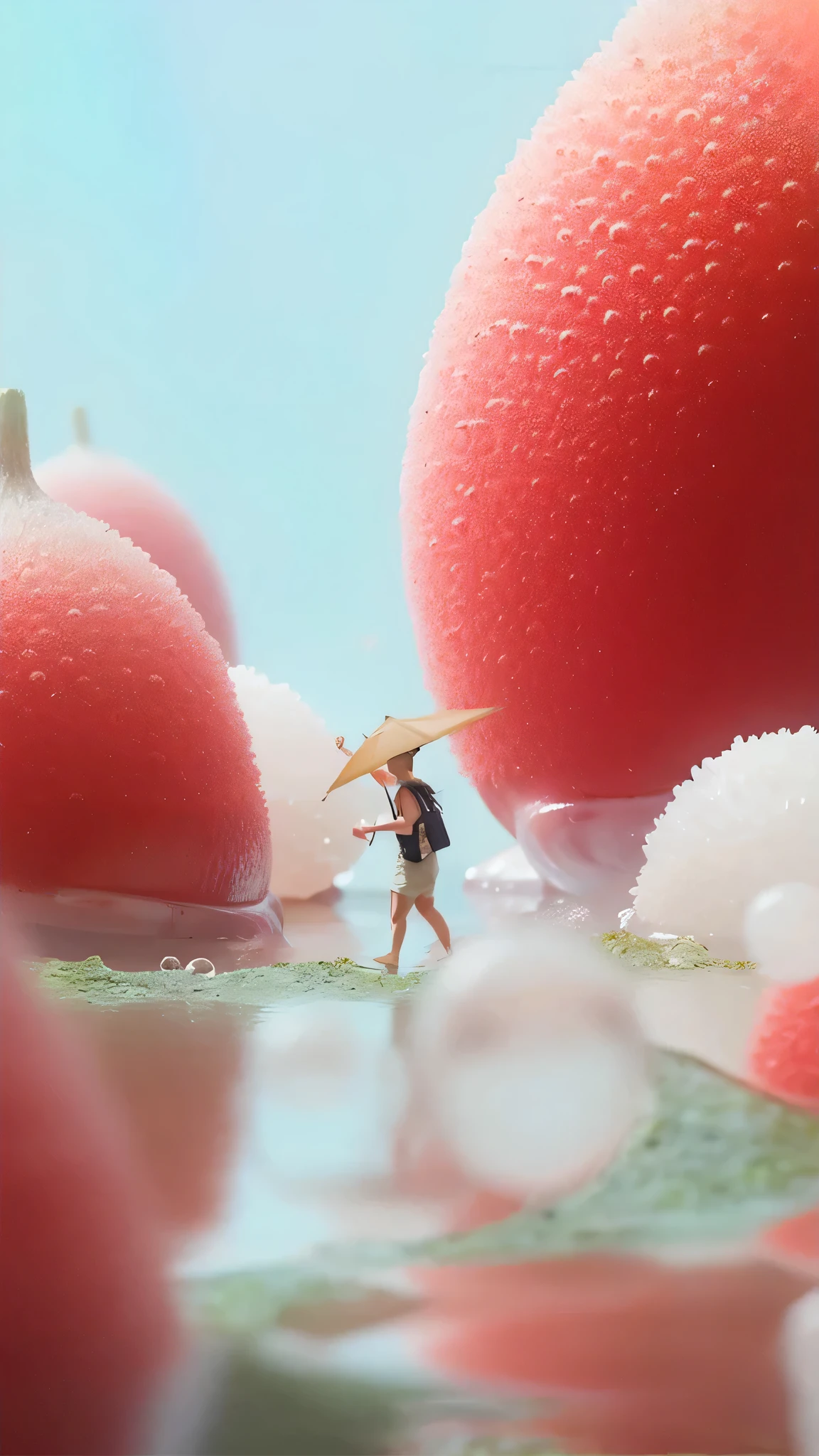 peach,water drops on peach,There is a person holding an umbrella,waters, ,bipur!!, 3d render bipur, bipur. hyperrealism, realism | bipur, author:Mike Winkelman, author:Russell Dongjun Lu, bipur |, bipur art, bipur daily art, Behance 3D Art Trends