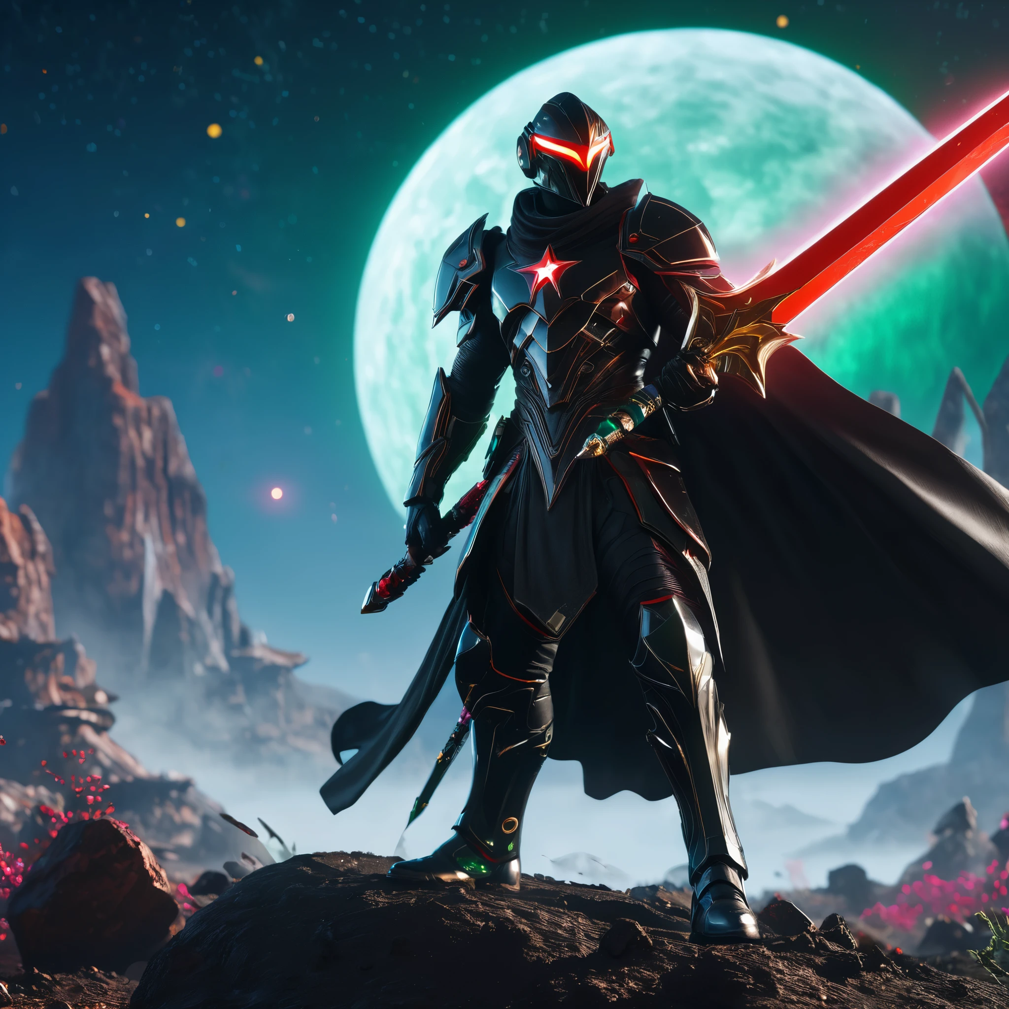 (best quality,4k,8k,highres,masterpiece:1.2),ultra-detailed,(realistic,photorealistic,photo-realistic:1.37),HDR,UHD,studio lighting,ultra-fine painting,sharp focus,physically-based rendering,extreme detail description,professional,vivid colors,bokeh,Star Warriors clash in an epic battle of good vs. evil, the hero in white wields a green energy blade, monstraoso (half cyborg, dressed all in black, wields a red crystal sword), set on a moon,landscape,horror,sci-fi,moonscape,space,colorful lights