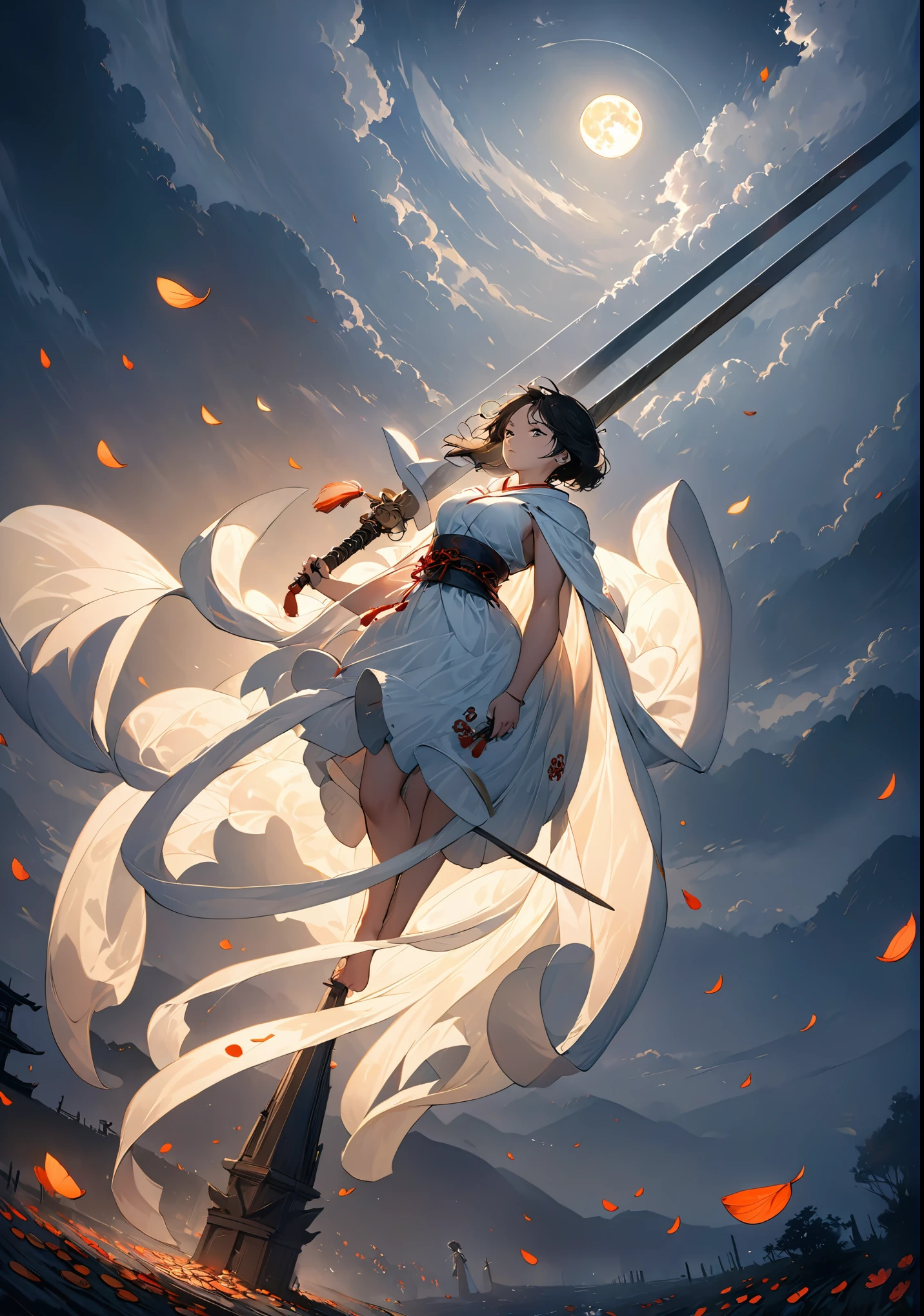 Beautiful girl with Asian face,short dark hair,muscular,wearing her cloak,The purpose is to conceal their figure,prevent them from being seen。(Barefoot on one foot)Standing on a high spire,A tattered flag flutters on the steeple。Holding a cruel、chipped broadsword,surrounded by a halo of coins。Directly above her is the moon,dark mysterious background,dark night,The fog spreads around,There were several coins floating around her body in front of her。