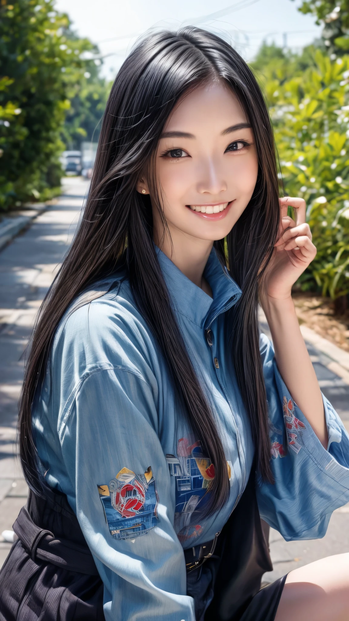 (best quality,4k,8k,highres,masterpiece:1.2),ultra-detailed, Japanese Goddess Amaterasu as a Japanese American college student, Female, Nao Nagasawa, long Black hair, Blue academy uniform with yellow accents, smiling at viewer, seducing viewer, walking down American street, HDR, 8k, absurdres, cinestill 800, sharp focus ((Masterpiece, best quality) (solo woman) add_detail:3