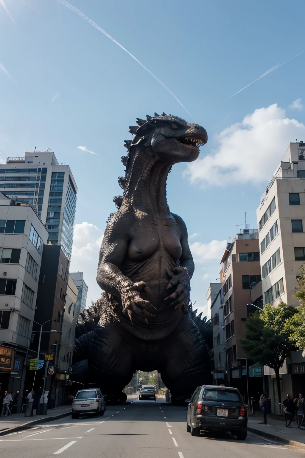 Crea una imagen de Godzilla bien epica en una ciudad y q Godzilla este caminando hacia un mountro mucho mas gigante que el