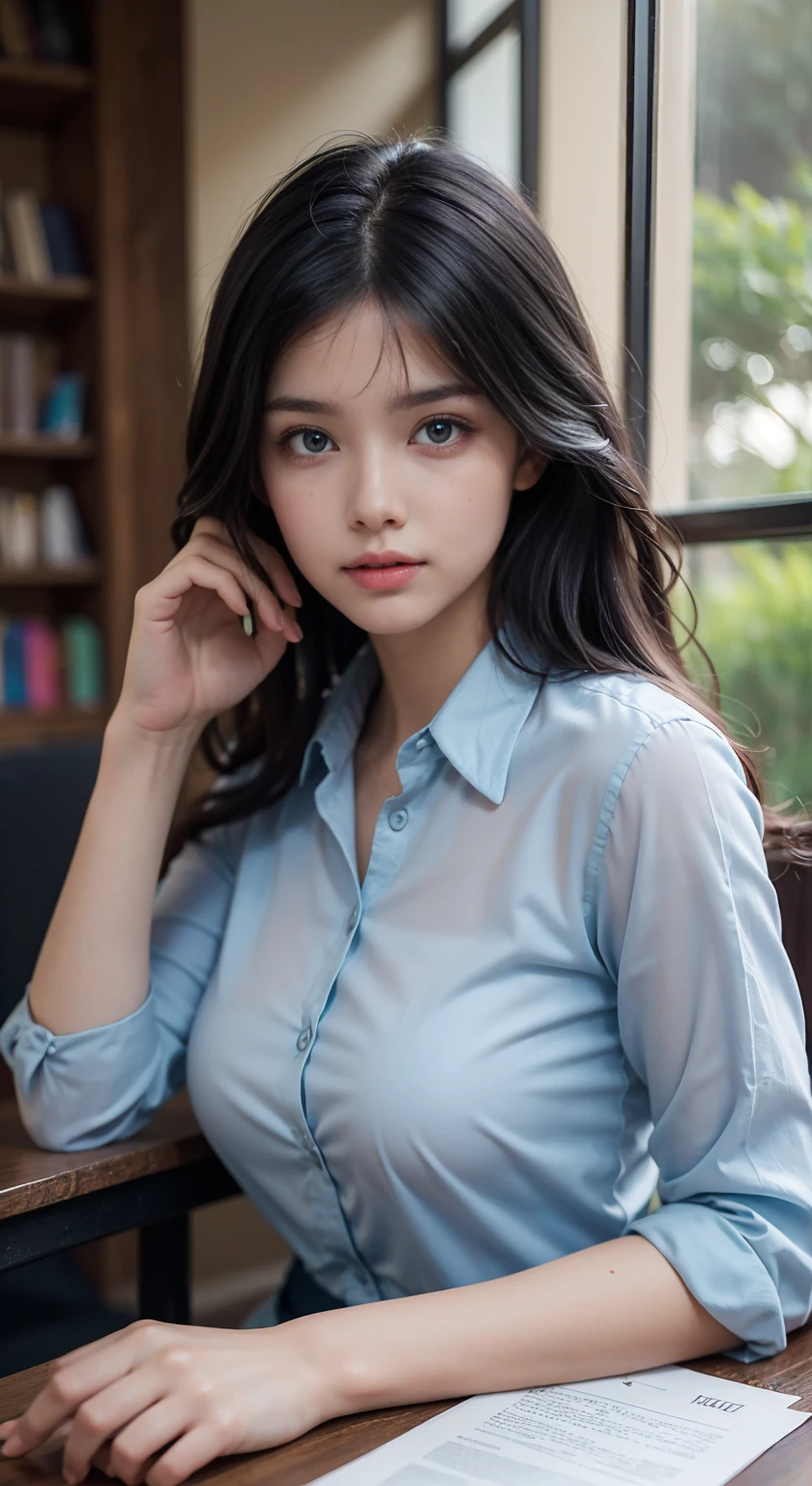 Realistic, (masterpiece:1.4, best quality), (intricate details), unity 8k wallpaper, ultra detailed, (pastel colors:1.3), (skindentation:1.5), (Realistic, Photorealistic), (masterpiece:1.5), concept art, intricate details, highly detailed, photorealistic, octane render, 8k, unreal engine, dynamic pose, best quality, highres, (realistic face:1.1), (hyperrealistic:1.1), ((full_body)), perfect eyes,(shiny skin:1.2), (((hairstyle))), (((perfect hands))), (extremely detailed background), ((dynamic background)), ((lightning)), (light rays), ((1girl)), (8k, RAW photo:1.2), dramatic angle, (fluttered detailed color splashes), (illustration), (((1 girl))), beautiful face, straight long black hair, short braided hair, thinking face, (wearing close button shirt, see through), sitting at desk, studying, holding book, books, in classroom, wall decor, mini library, glass window, wall clock, cinematic light, photorealistic, masterpiece, best quality, complex CG, high detailed face, high detailed eyes, very cute, adorable, dream girl, school day,