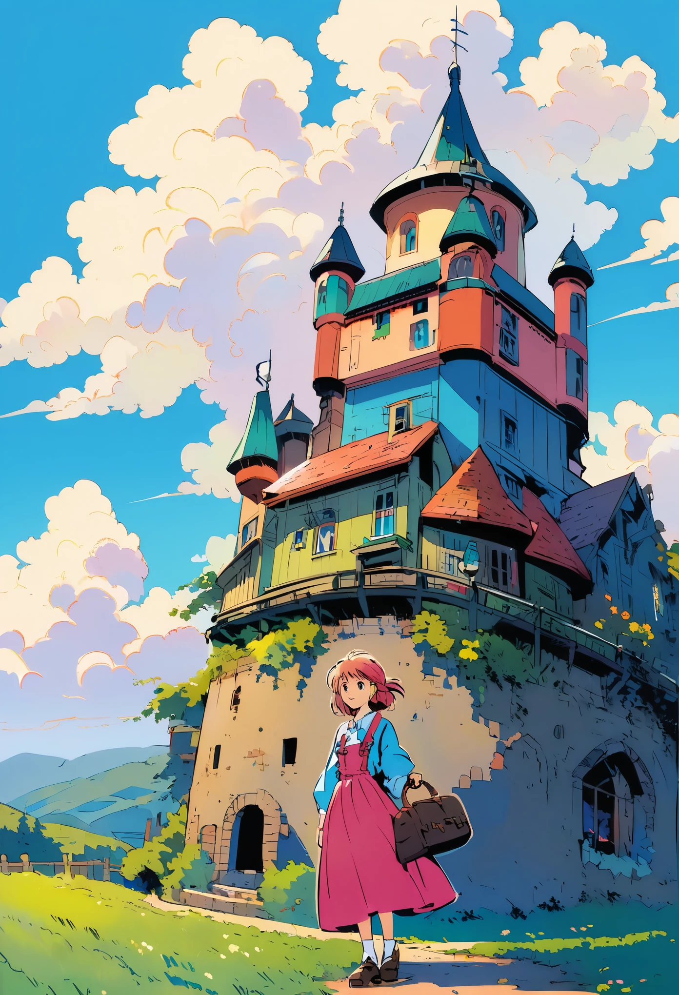 A Howl's Moving Castle, in the background is green fields and blue sky with some clouds, the structure of the building has black metal pipes coming out from it, the overall color tone should be vibrant and bright, the style of painting used for character design should be cartoonish and colorful in the style of Studio Ghibli, the concept art will capture an anime aesthetic.