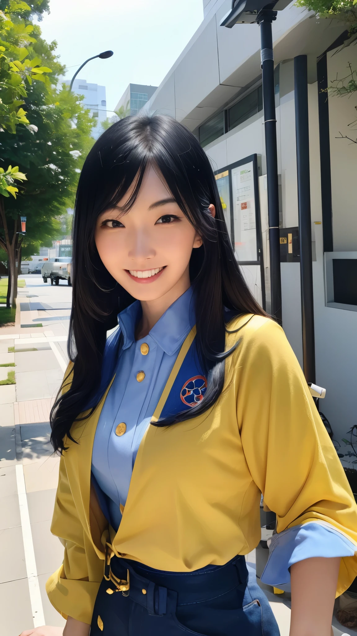 (best quality,4k,8k,highres,masterpiece:1.2),ultra-detailed, Japanese Goddess Amaterasu as a Japanese American college student, Female, Nao Nagasawa, long Black hair, Blue academy uniform with yellow accents, smiling at viewer, seducing viewer, walking down American street, HDR, 8k, absurdres, cinestill 800, sharp focus ((Masterpiece, best quality) (solo woman) add_detail:3