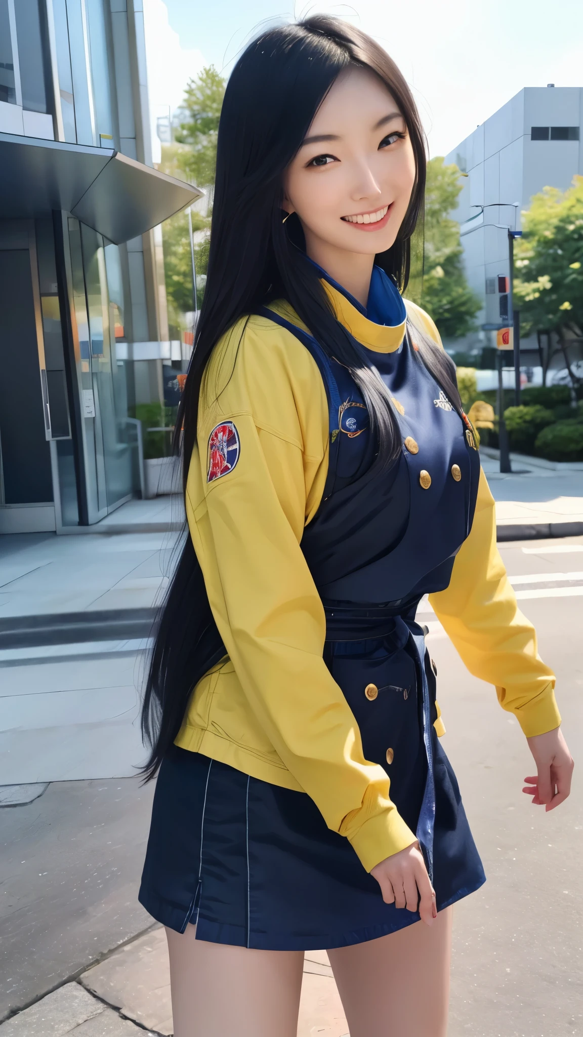 (best quality,4k,8k,highres,masterpiece:1.2),ultra-detailed, Japanese Goddess Amaterasu as a Japanese American college student, Female, Nao Nagasawa, long Black hair, Blue academy uniform with yellow accents, smiling at viewer, seducing viewer, walking down American street, HDR, 8k, absurdres, cinestill 800, sharp focus ((Masterpiece, best quality) (solo woman) add_detail:3