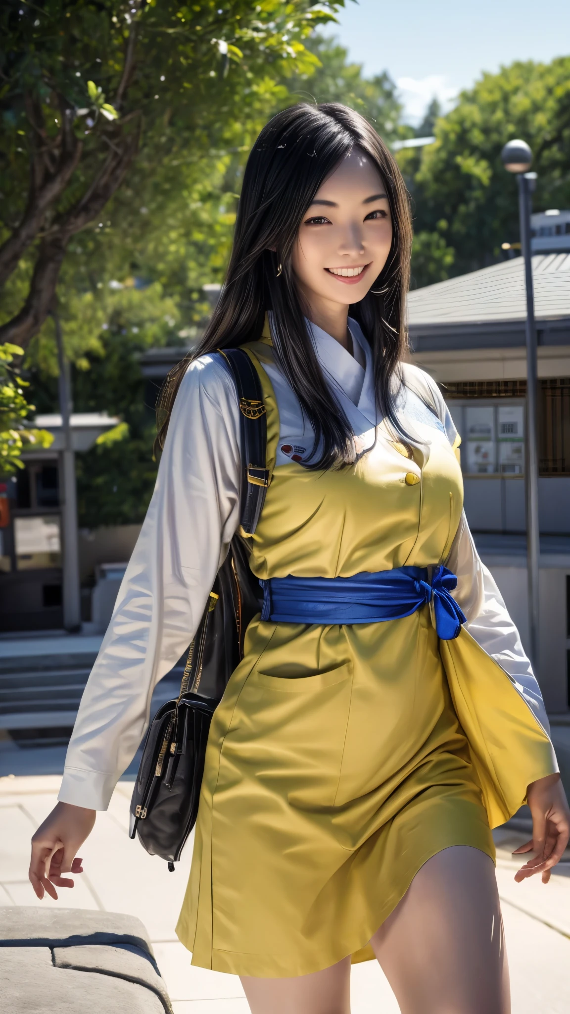 (best quality,4k,8k,highres,masterpiece:1.2),ultra-detailed, Japanese Goddess Amaterasu as a Japanese American college student, Female, Nao Nagasawa, long Black hair, Blue academy uniform with yellow accents, smiling at viewer, seducing viewer, walking down American street, HDR, 8k, absurdres, cinestill 800, sharp focus ((Masterpiece, best quality) (solo woman) add_detail:3